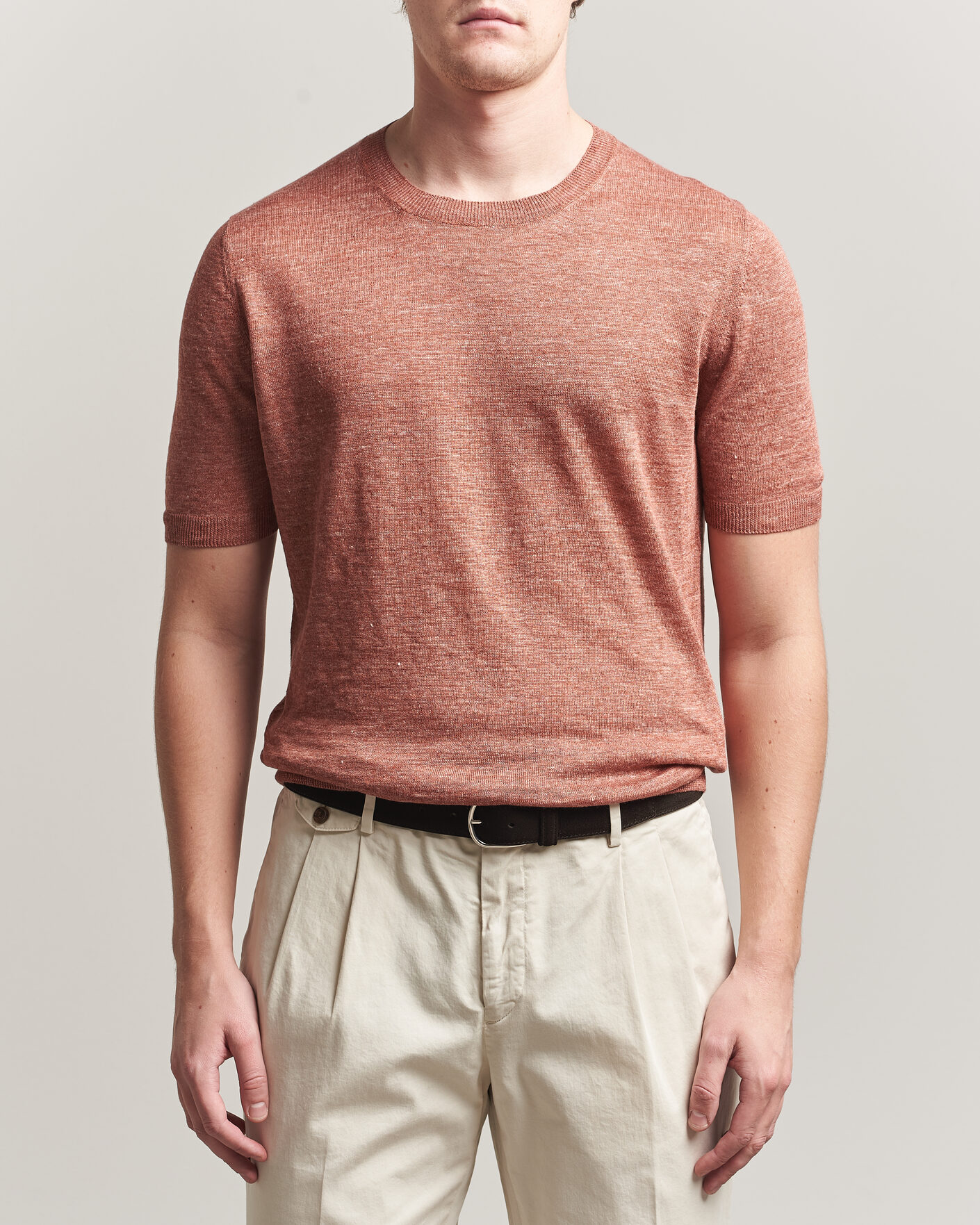 Homme | T-shirts | Gran Sasso | Washed Knitted Linen T-Shirt Apricot Orange Melange