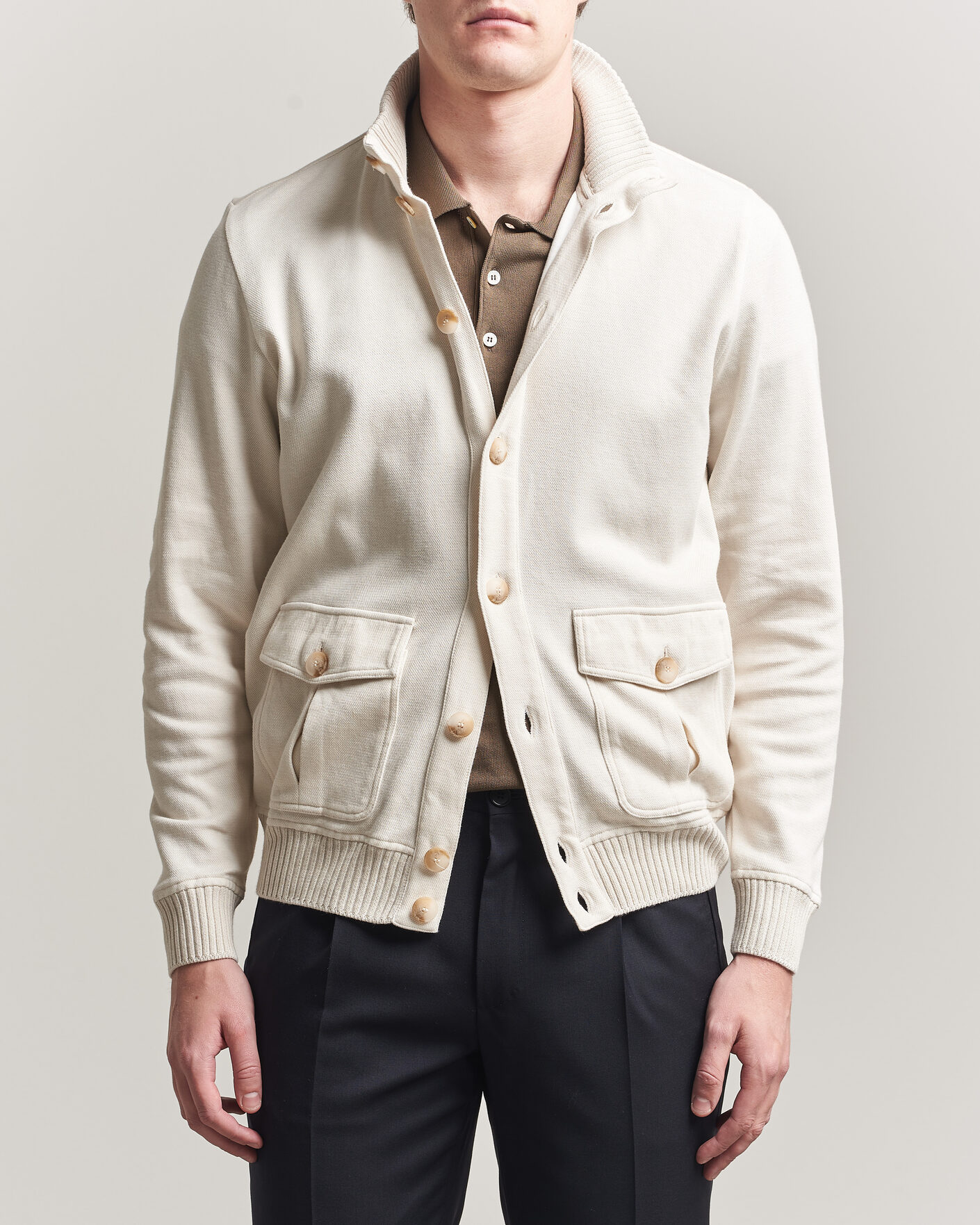 Heren | Jassen | Gran Sasso | Cotton Pocket Knitted Bomber Jacket Cream