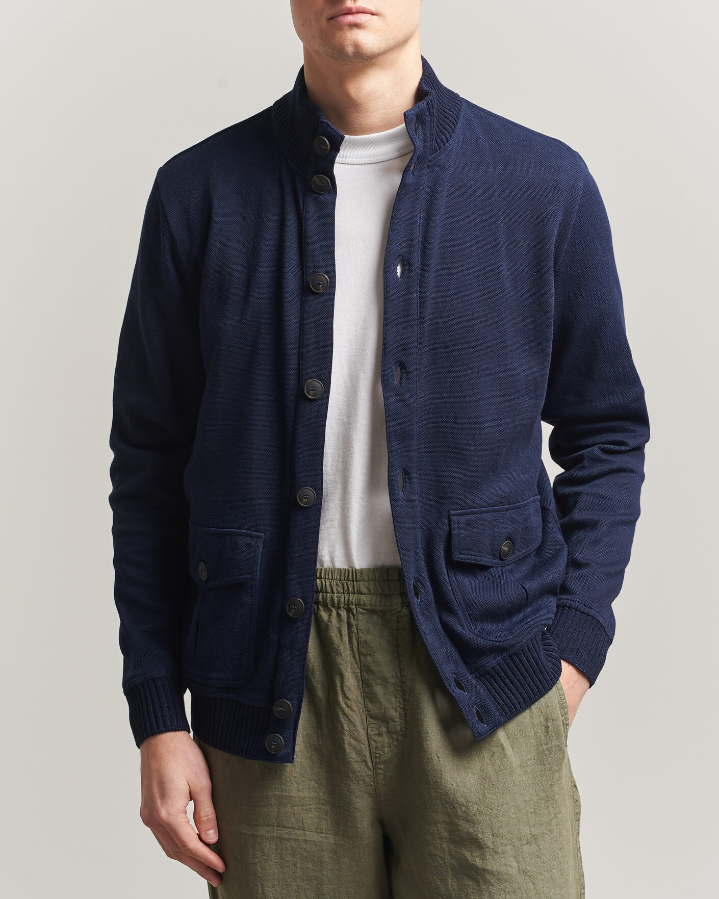 Heren | Jassen | Gran Sasso | Cotton Pocket Knitted Bomber Jacket Navy