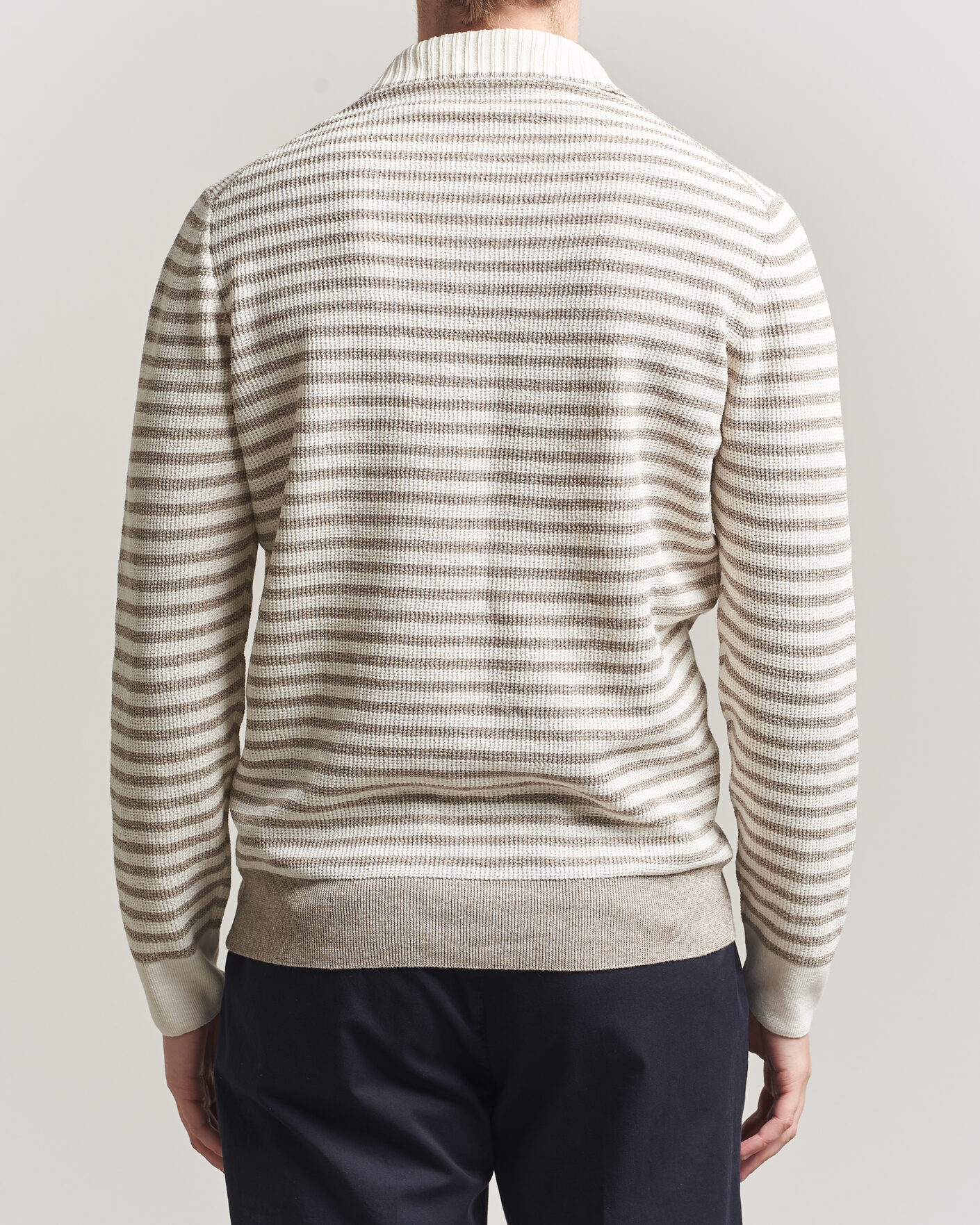 Heren | Truien | Gran Sasso | Linen/Cotton Knitted Striped Polo Beige/White