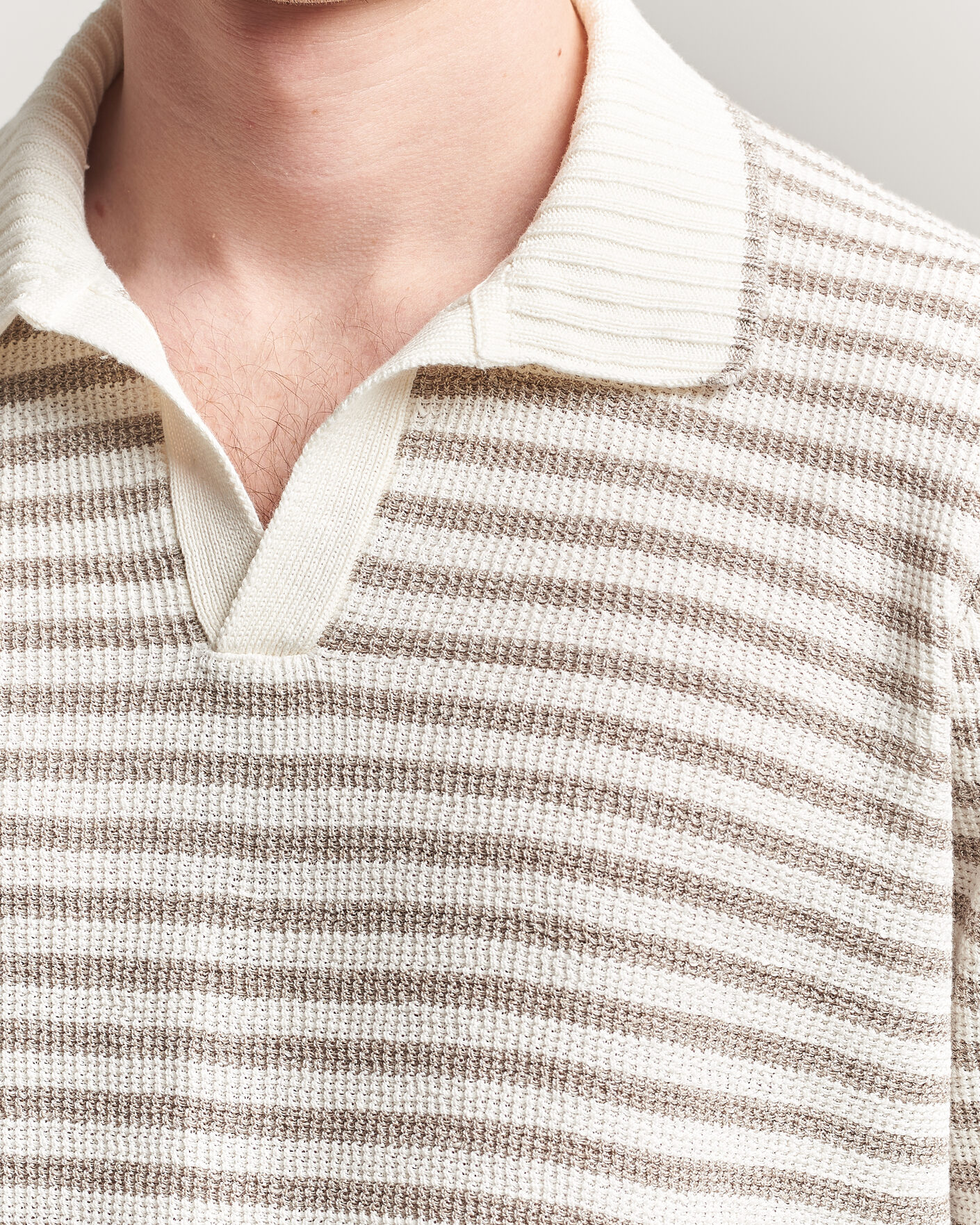 Heren | Truien | Gran Sasso | Linen/Cotton Knitted Striped Polo Beige/White