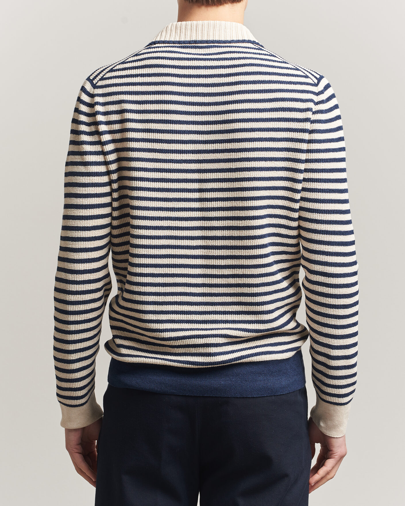 Heren | Truien | Gran Sasso | Linen/Cotton Knitted Striped Polo Navy/White