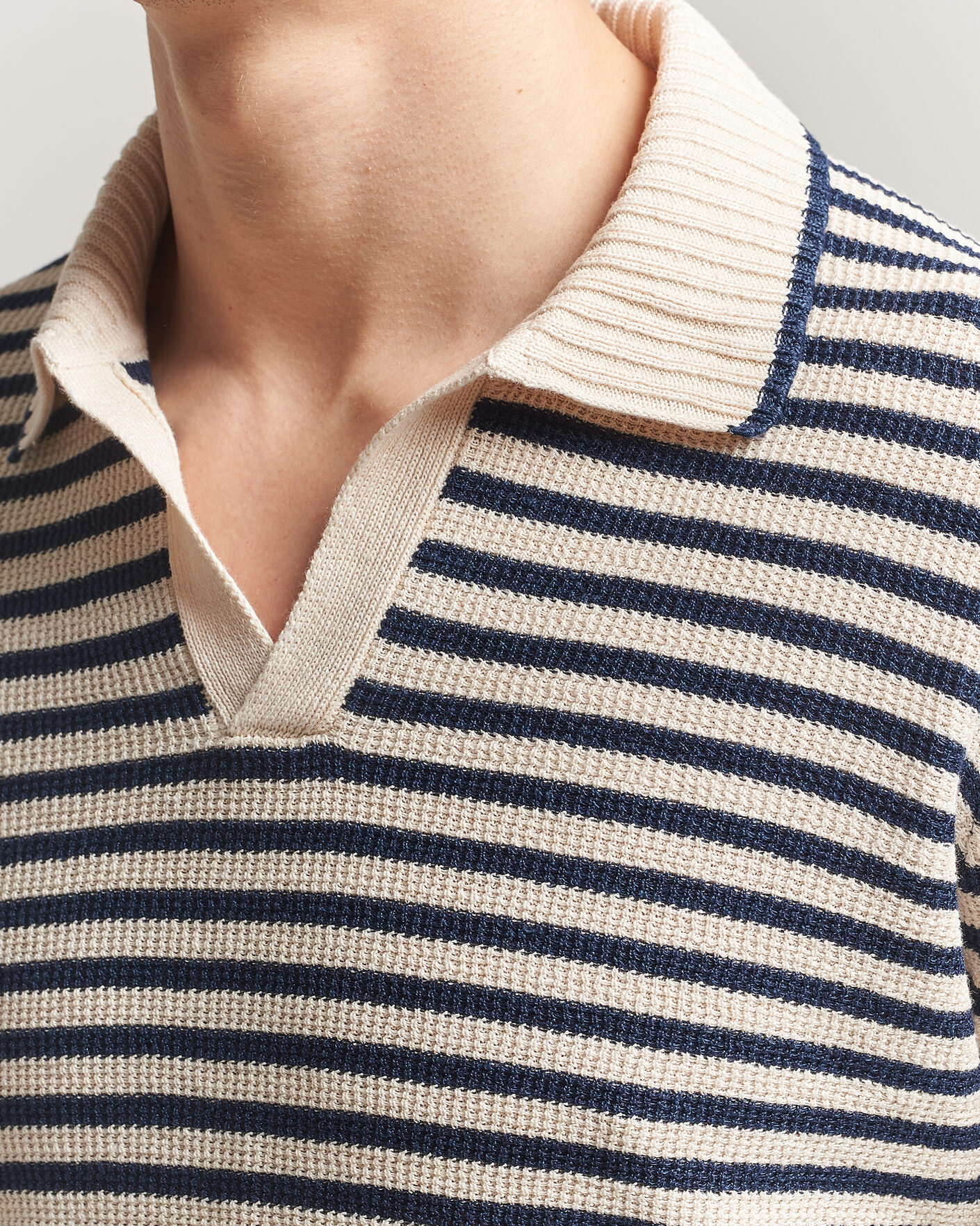 Heren | Truien | Gran Sasso | Linen/Cotton Knitted Striped Polo Navy/White