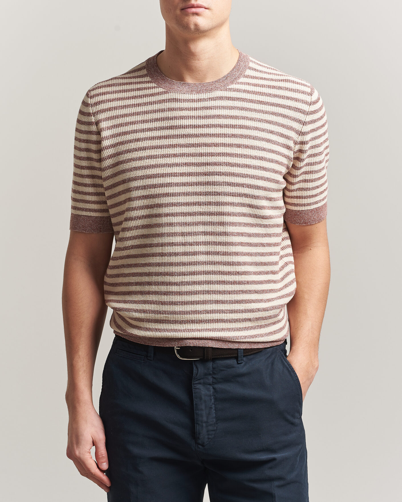 Heren | T-shirts | Gran Sasso | Linen/Cotton Knitted Striped T-Shirt Red/White