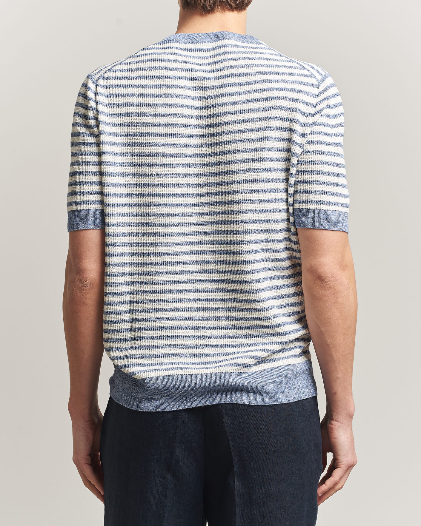 Heren | T-shirts | Gran Sasso | Linen/Cotton Knitted Striped T-Shirt Blue/White