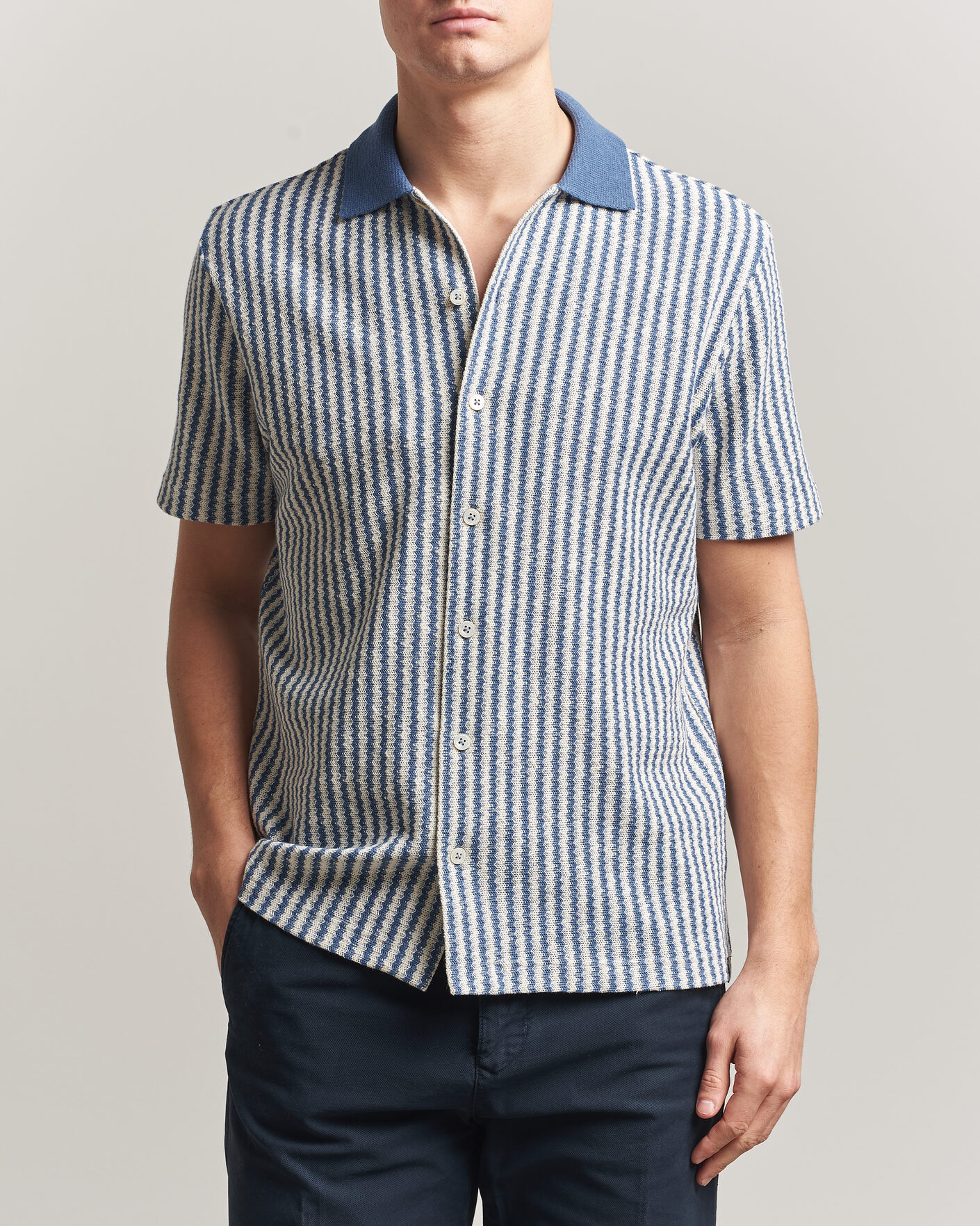 Heren | Overhemden | Gran Sasso | Cotton Knitted Striped Resort Shirt Blue/white