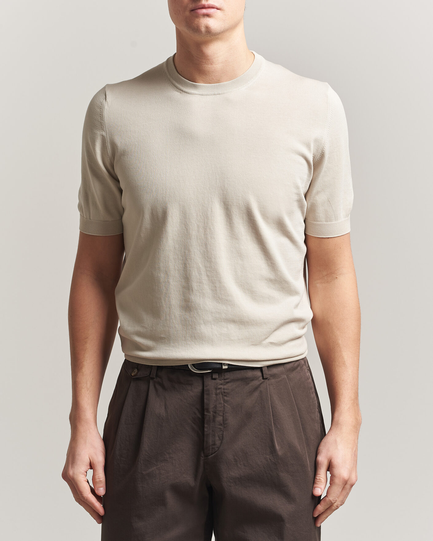 Heren | T-shirts | Gran Sasso | Cotton Knitted Crew Neck T-Shirt Beige Melange