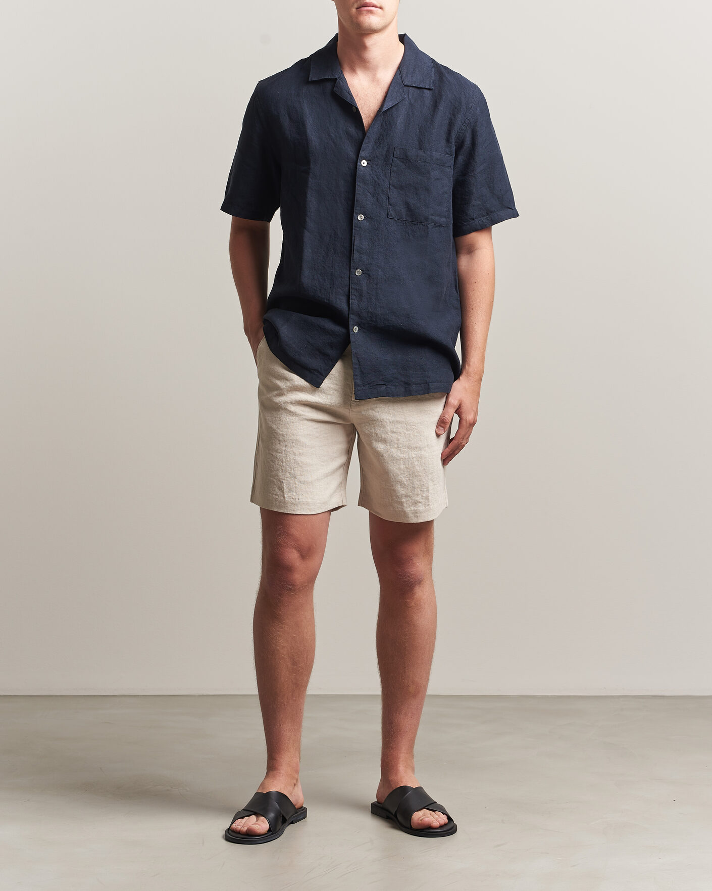 Heren | Overhemden | A Day's March | Yamu Linen Short Sleeve Shirt Navy