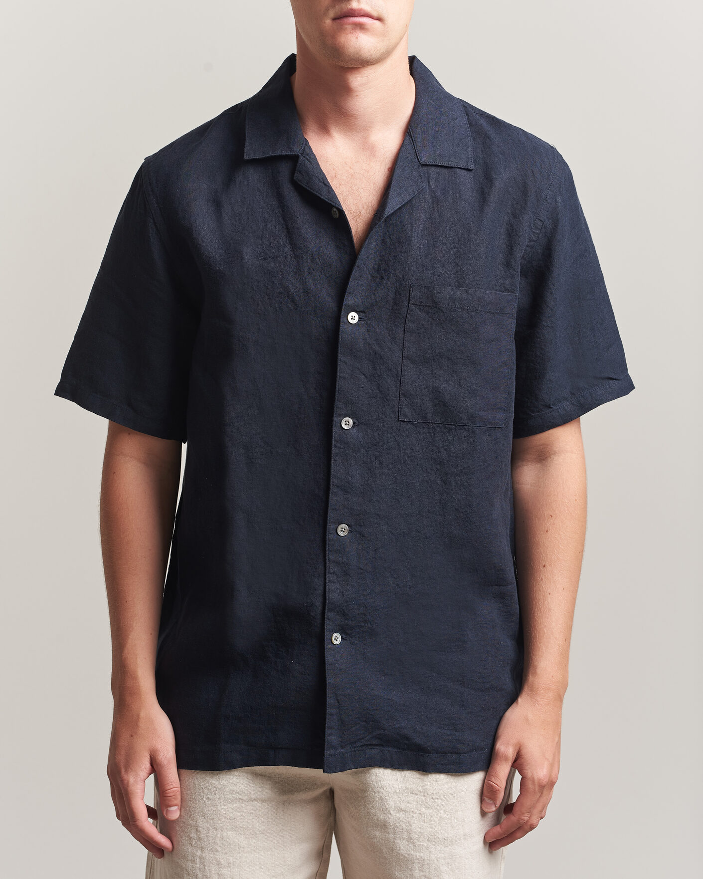 Heren | Overhemden | A Day's March | Yamu Linen Short Sleeve Shirt Navy