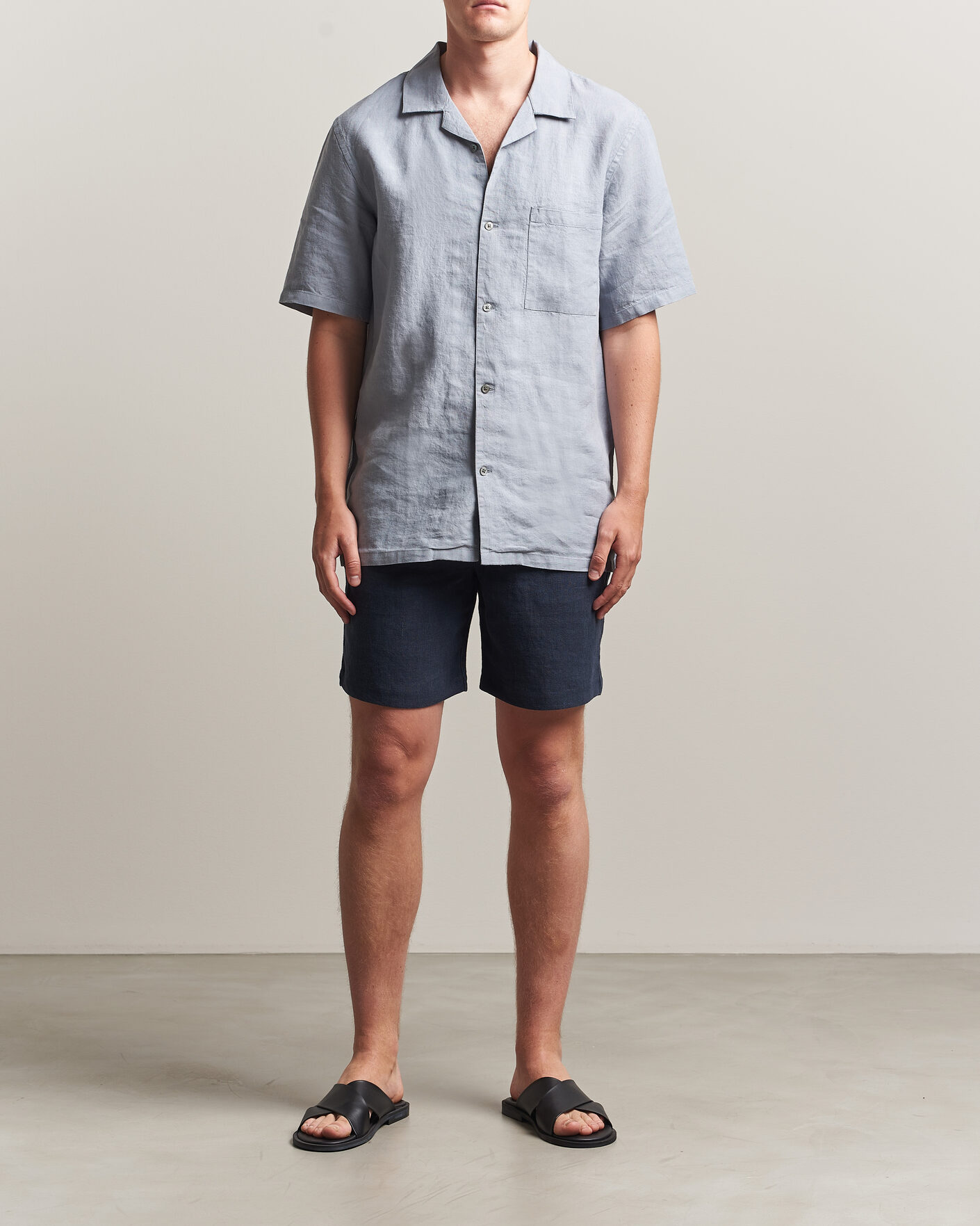 Heren | Overhemden | A Day's March | Yamu Linen Short Sleeve Shirt Rock Blue
