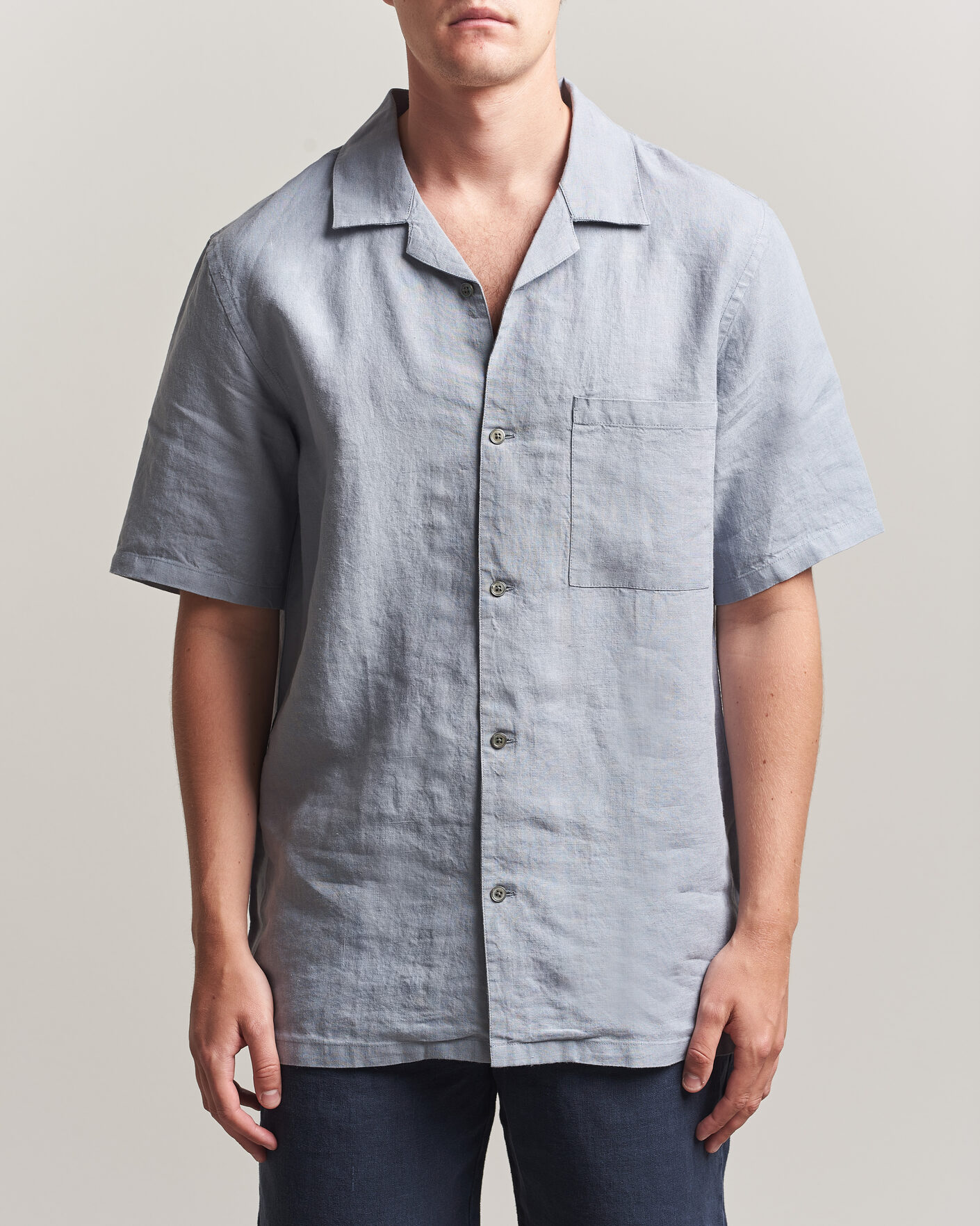 Heren | Overhemden | A Day's March | Yamu Linen Short Sleeve Shirt Rock Blue