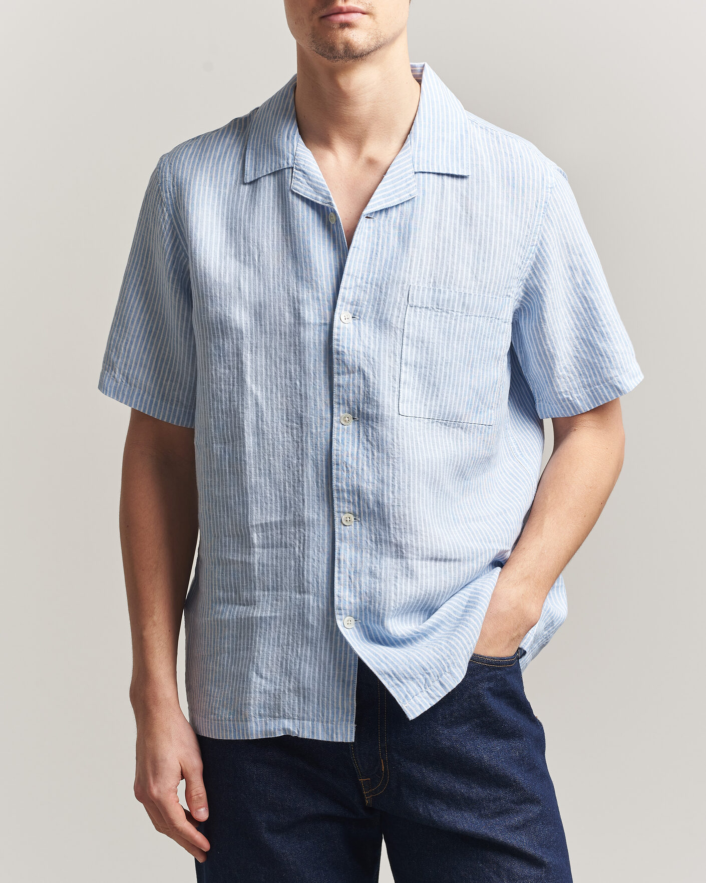Heren | Overhemden | A Day's March | Yamu Striped Linen Short Sleeve Shirt Light Blue