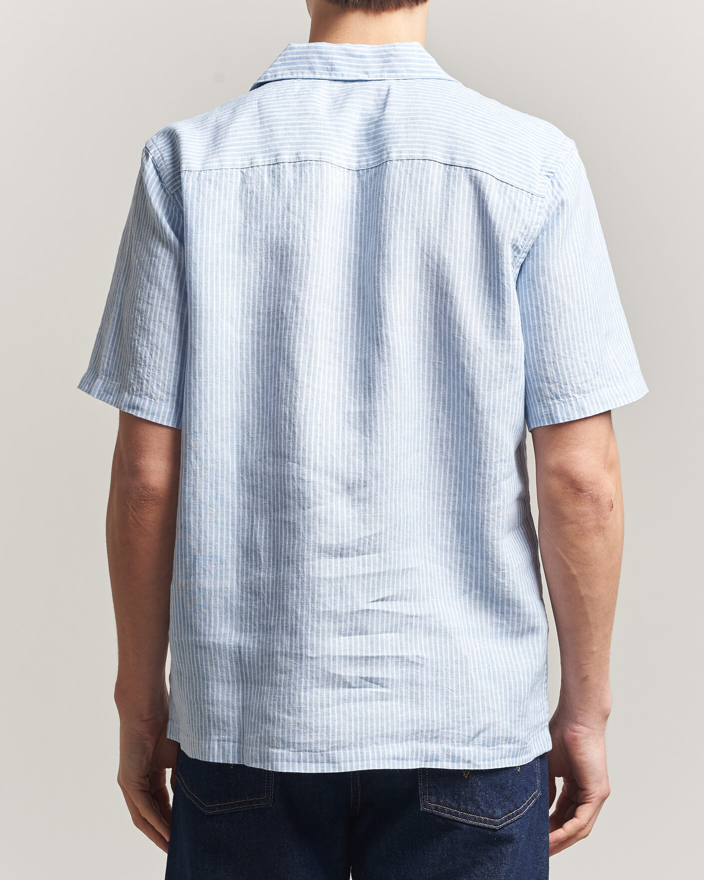 Heren | Overhemden | A Day's March | Yamu Striped Linen Short Sleeve Shirt Light Blue