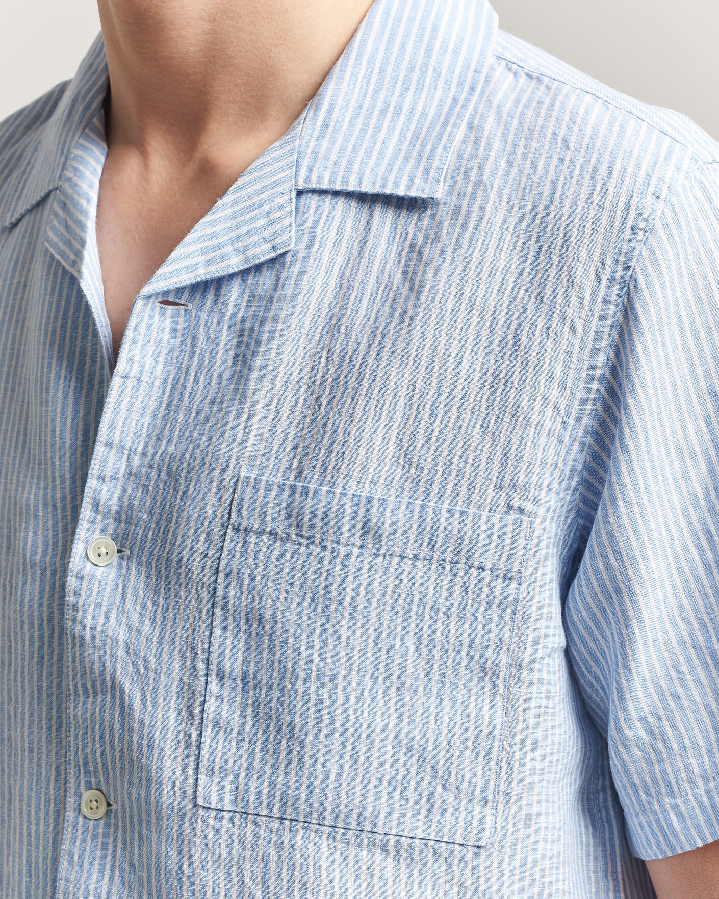 Heren | Overhemden | A Day's March | Yamu Striped Linen Short Sleeve Shirt Light Blue