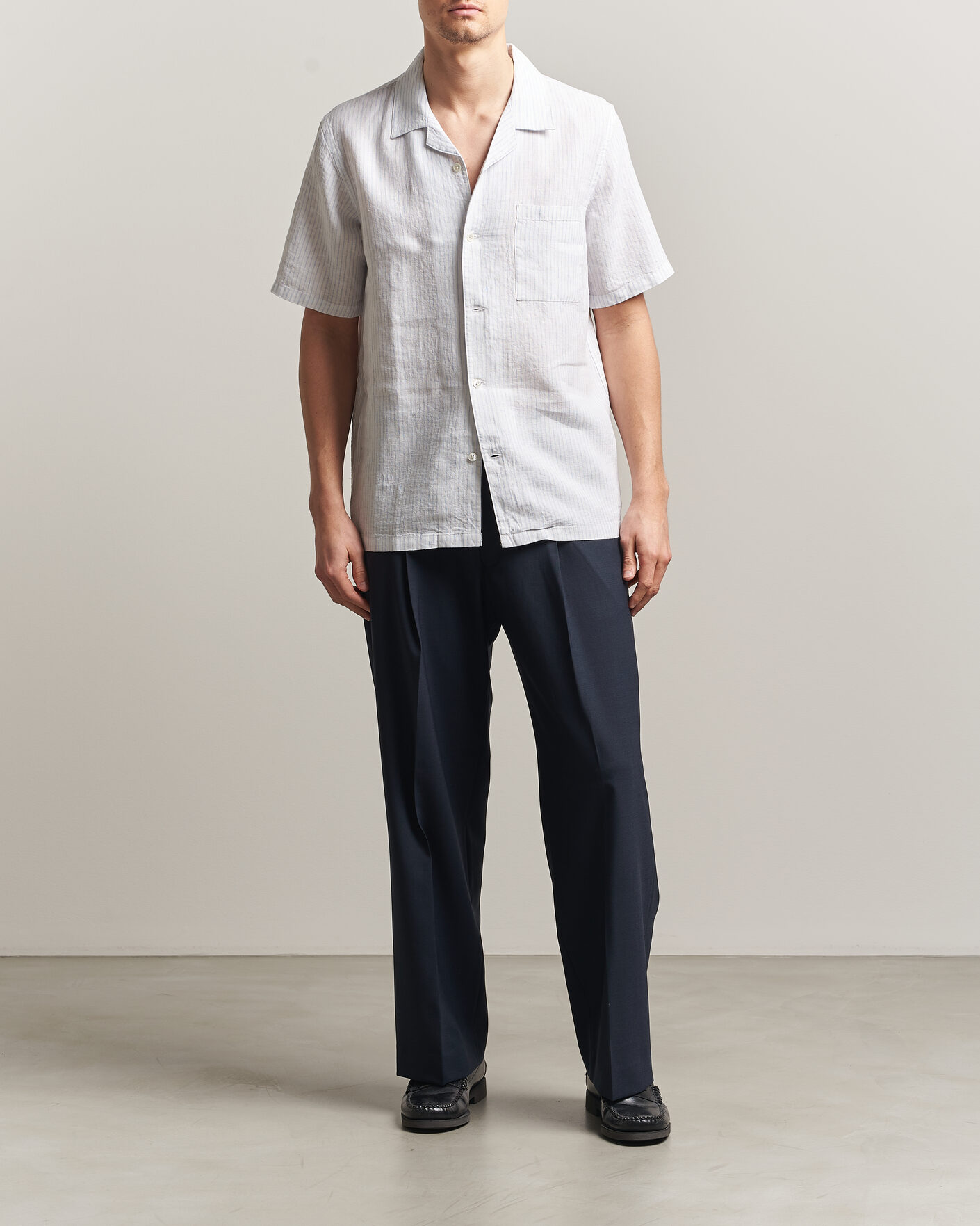 Heren | Overhemden | A Day's March | Yamu Striped Linen Short Sleeve Shirt White