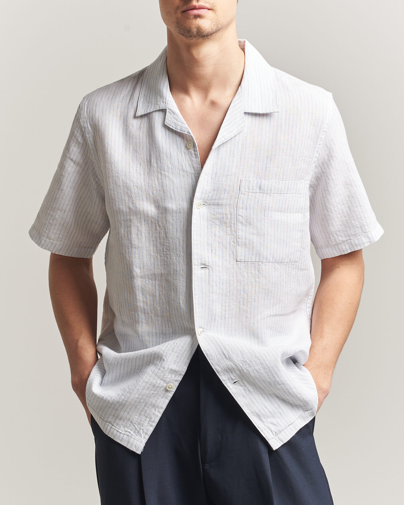 Heren | Overhemden | A Day's March | Yamu Striped Linen Short Sleeve Shirt White