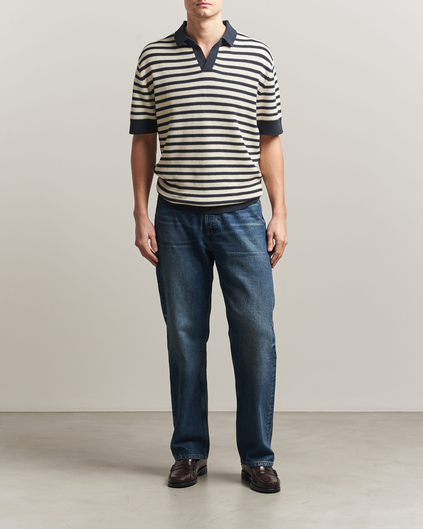 Heren | Polo's | A Day's March | Jeremy Striped Knitted Polo Off White/Navy