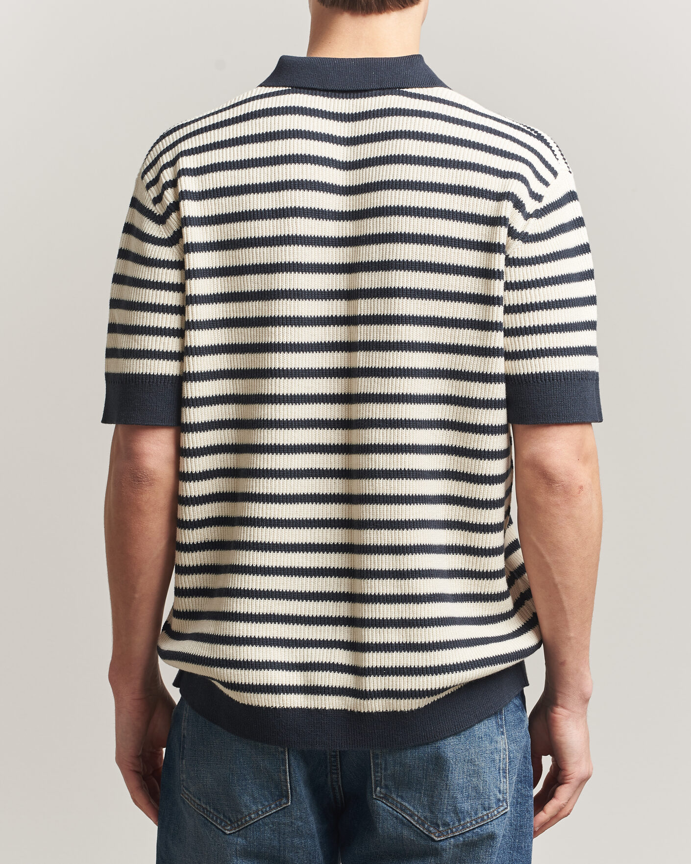Heren | Polo's | A Day's March | Jeremy Striped Knitted Polo Off White/Navy