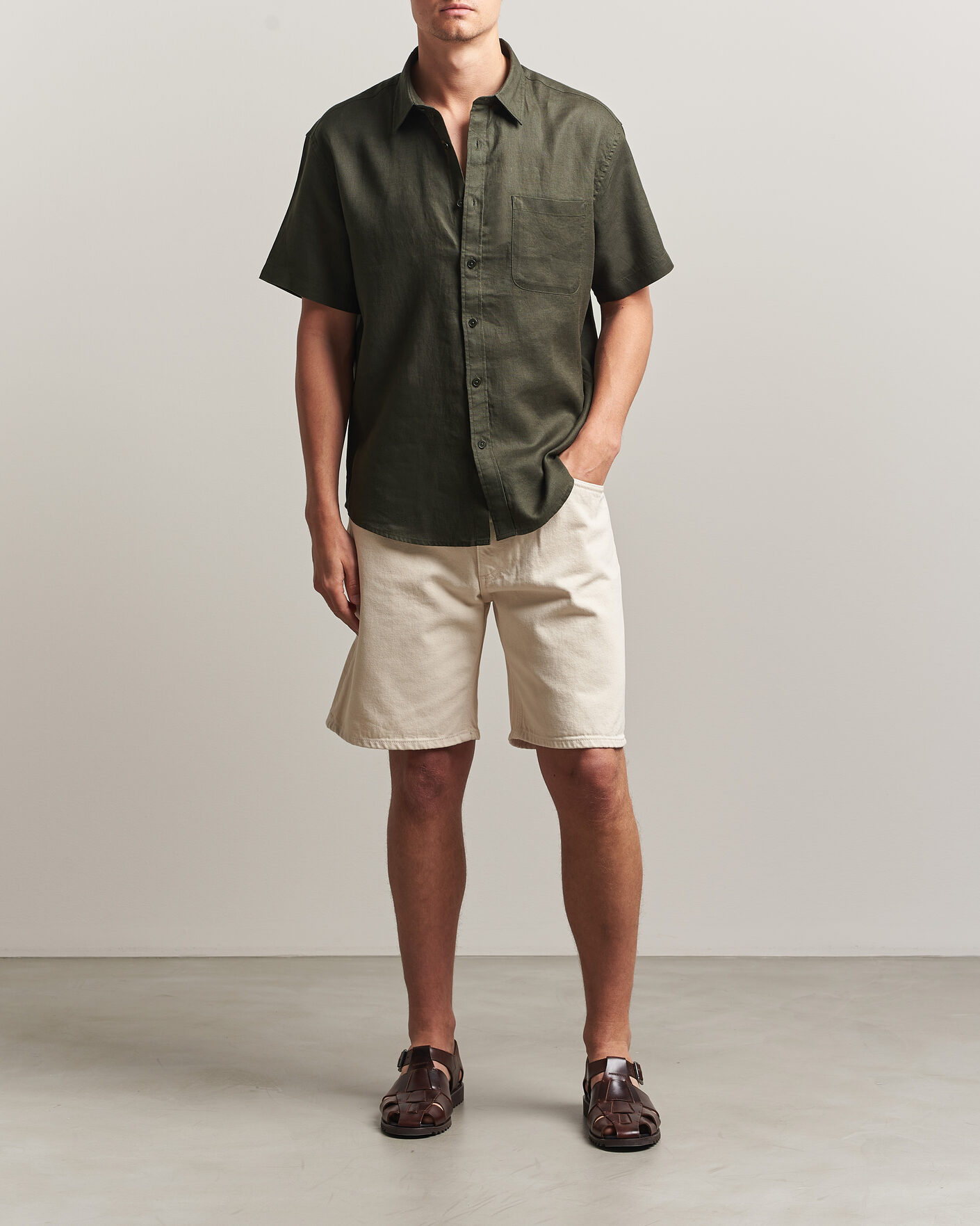 Heren | Overhemden | NN07 | Deon Linen Short Sleeve Shirt Dark Army