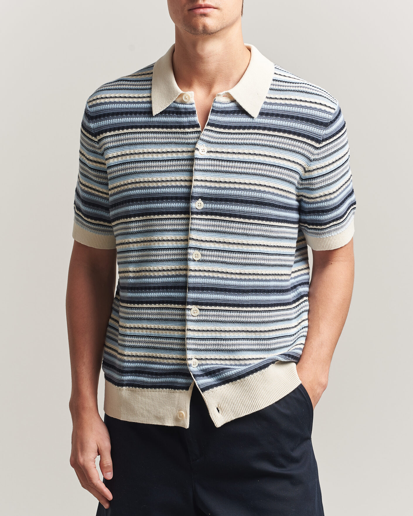 Heren | Overhemden | NN07 | Nolan Striped Knitted Short Sleeve Shirt Navy Multi