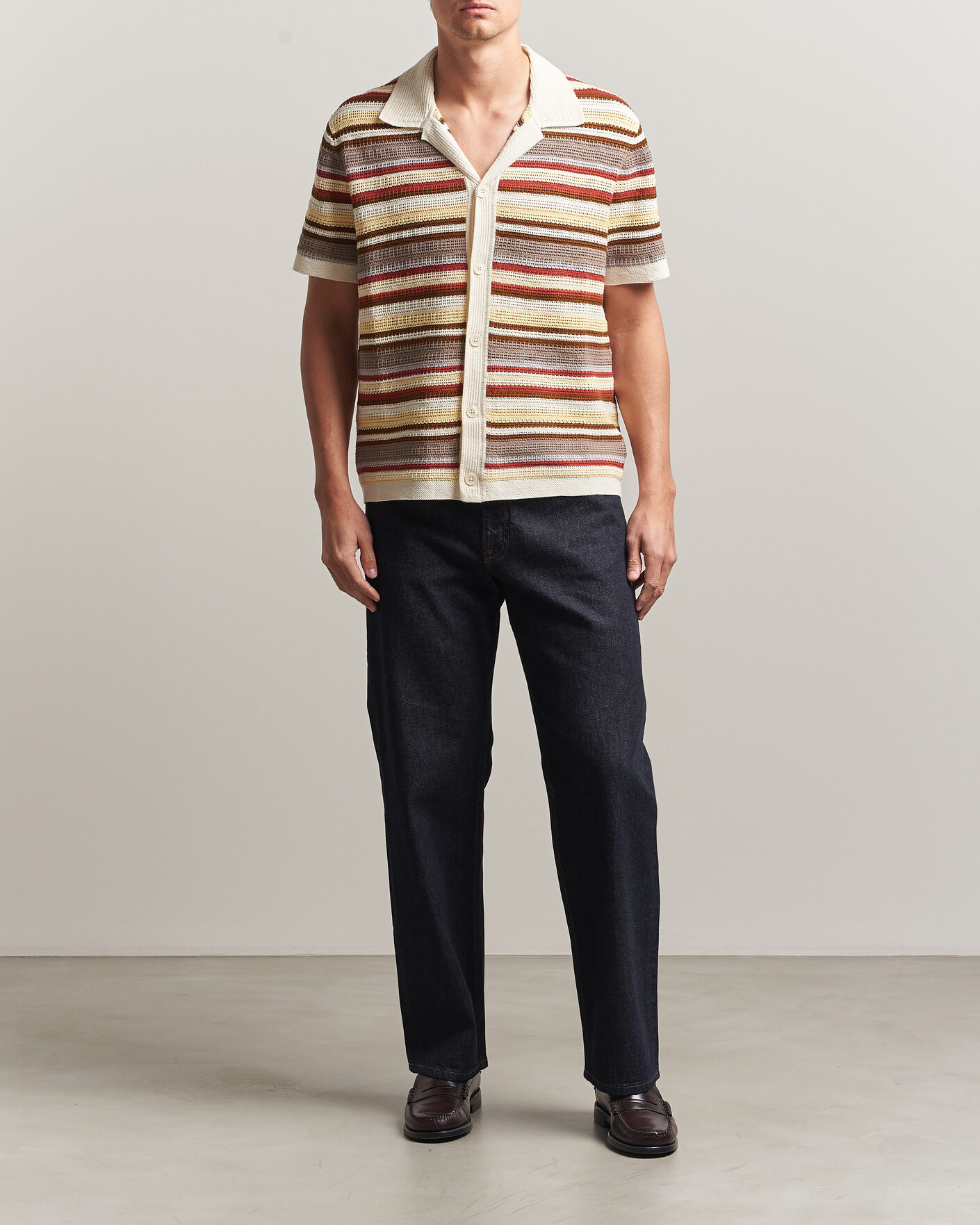 Heren | Overhemden | NN07 | Lars Striped Knitted Short Sleeve Shirt Ivory Multi
