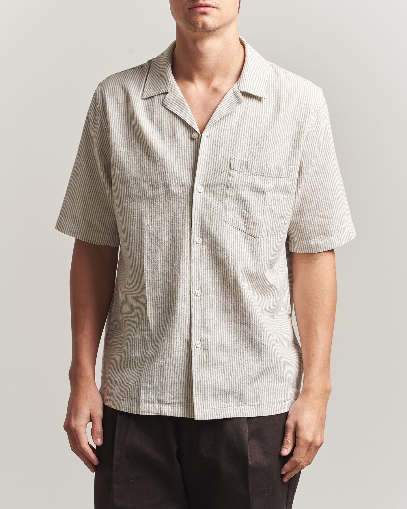 Homme | Chemises | Samsøe Samsøe | Oscar Linen/Cotton Striped Short Sleeve Shirt Aluminum