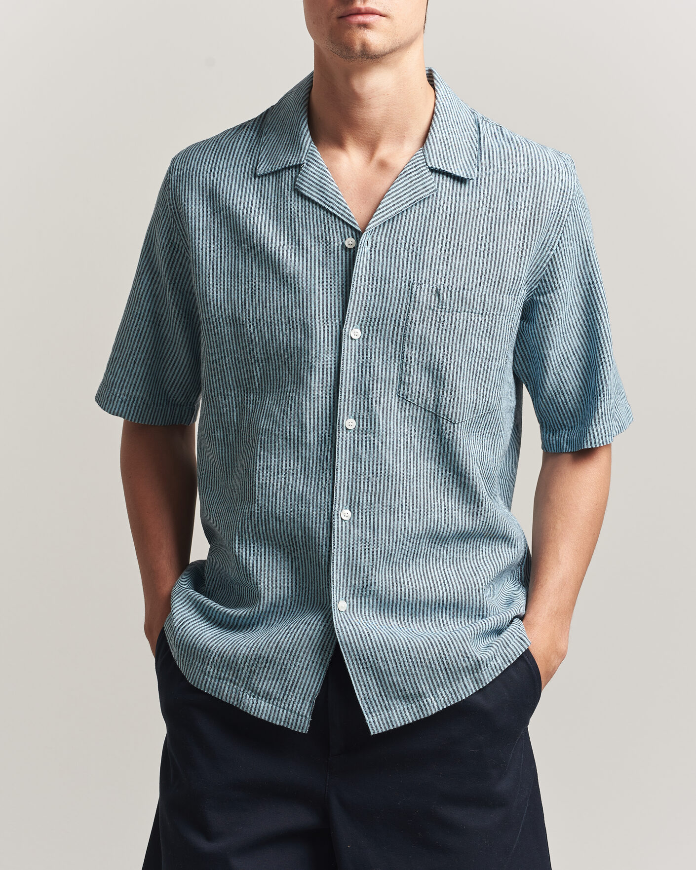 Homme | Chemises | Samsøe Samsøe | Oscar Linen/Cotton Striped Short Sleeve Shirt Tourmaline