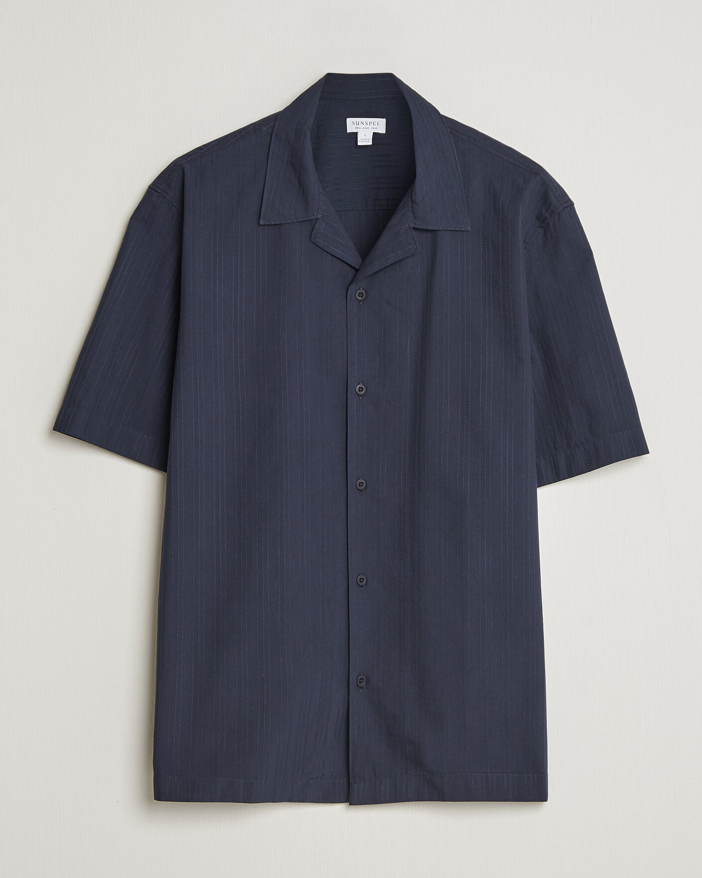 Heren | Overhemden | Sunspel | Short Sleeve Textured Stripe Shirt Navy
