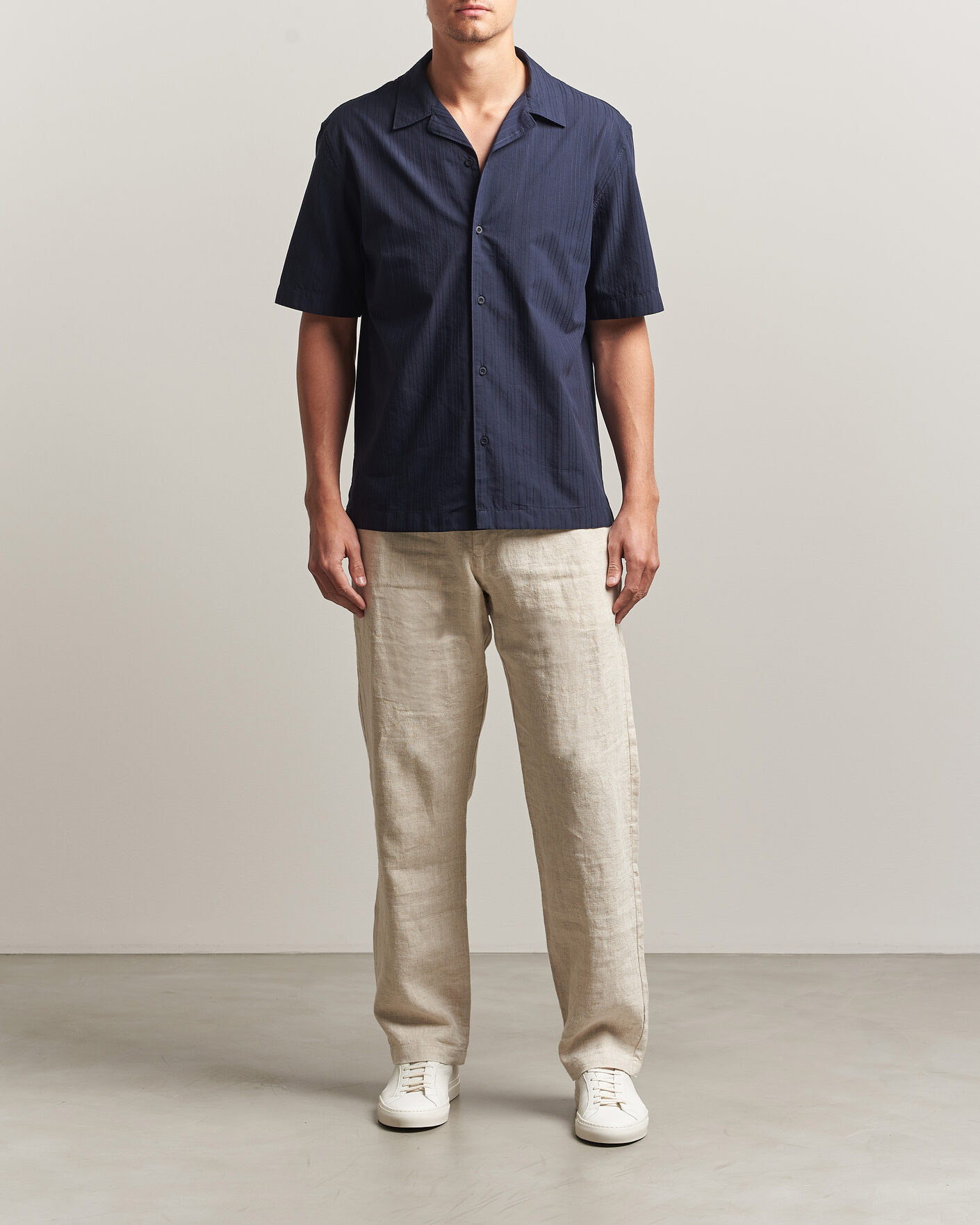 Heren | Overhemden | Sunspel | Short Sleeve Textured Stripe Shirt Navy