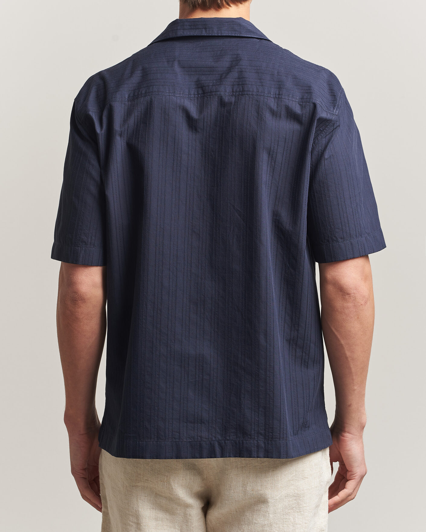 Heren | Overhemden | Sunspel | Short Sleeve Textured Stripe Shirt Navy