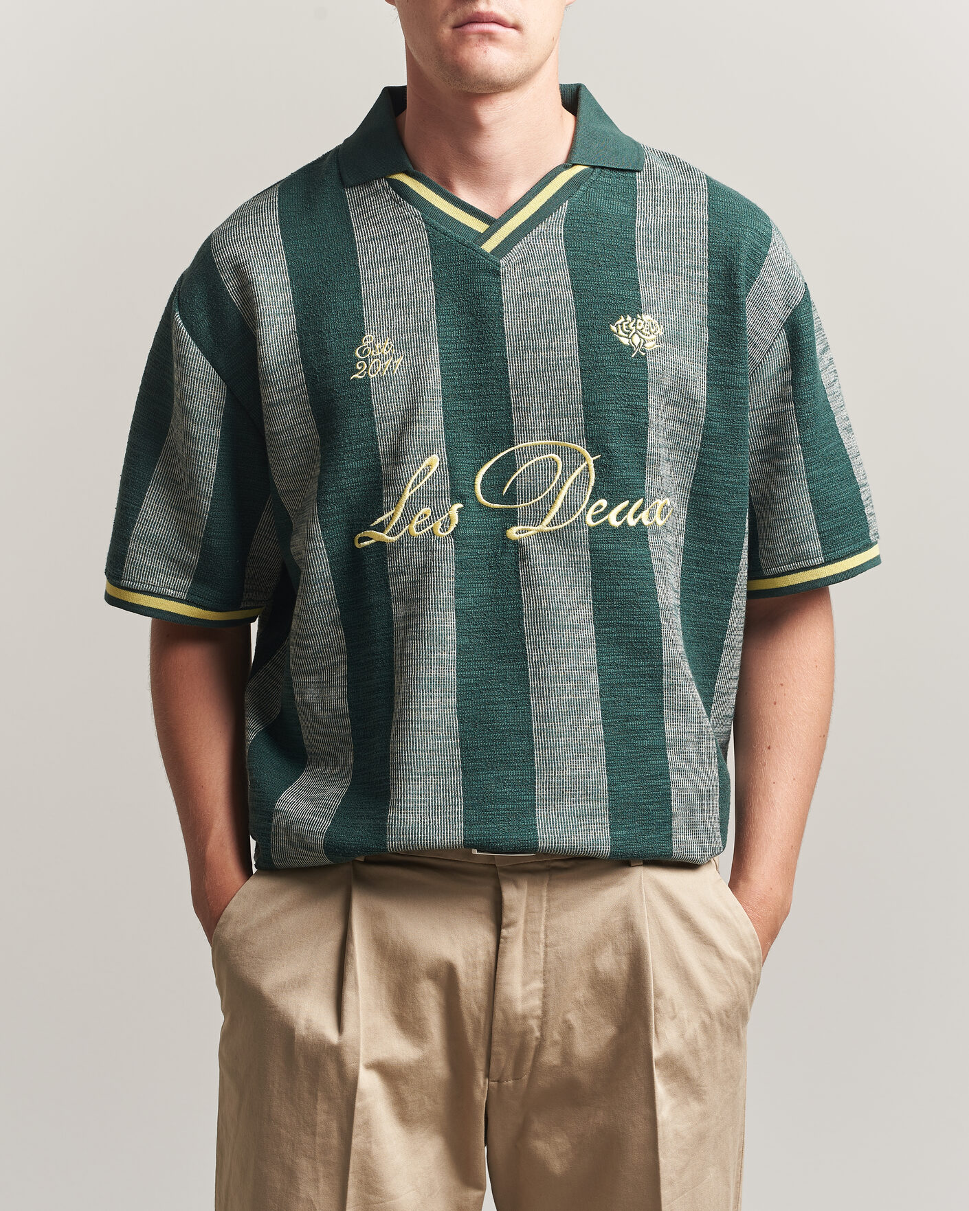 Heren | Polo's | LES DEUX | Stripe Jacquard Football Jersey Pine Green