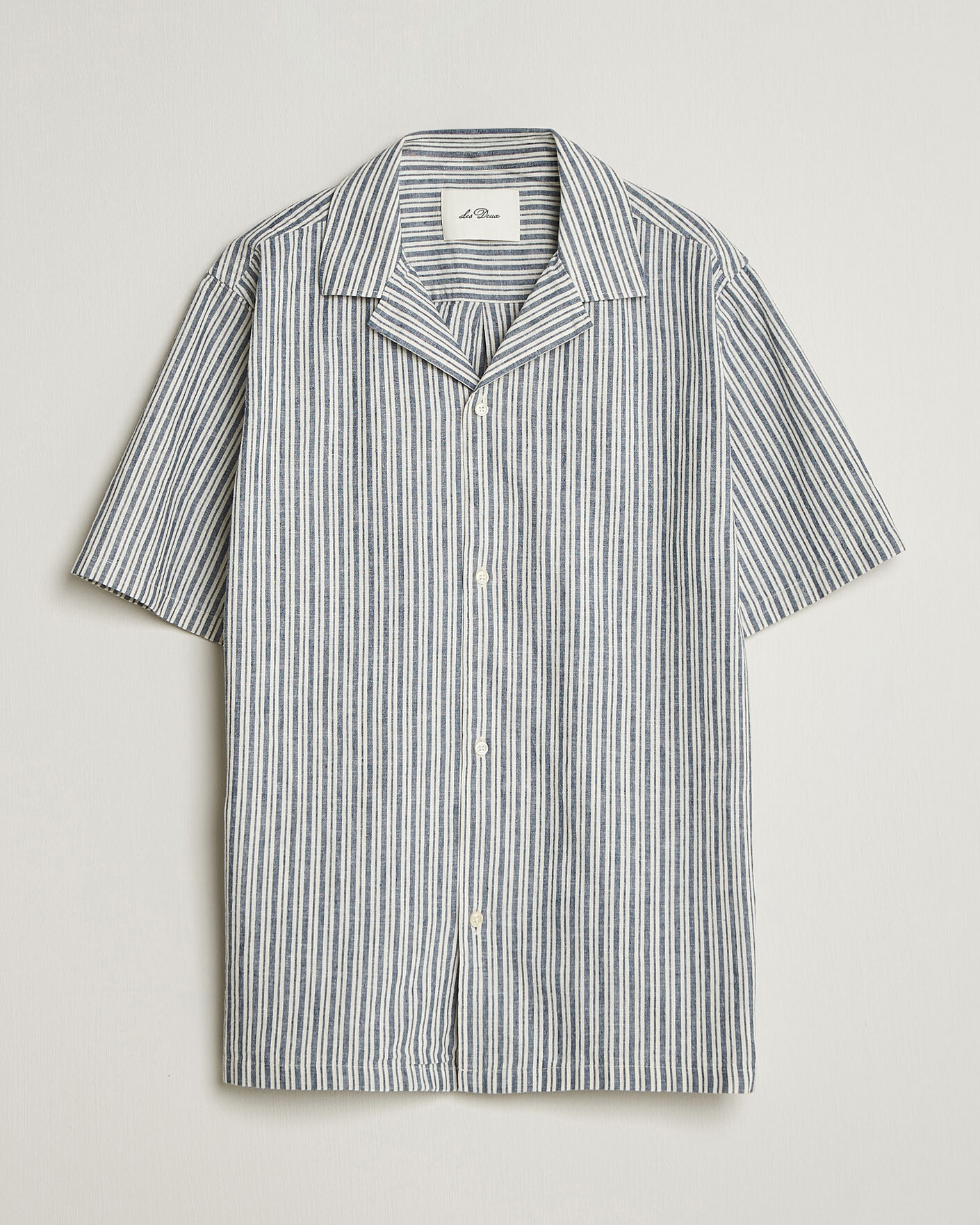 Homme | Chemises | LES DEUX | Stripe Cotton/Linen Short Sleeve Shirt Dark Blue