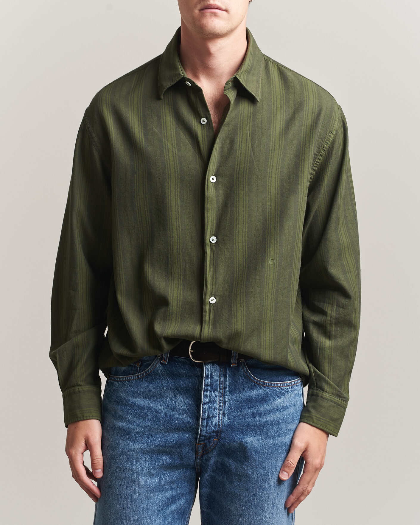 Heren | Overhemden | Massimo Alba | Boxy Striped Cotton Shirt Moss Green
