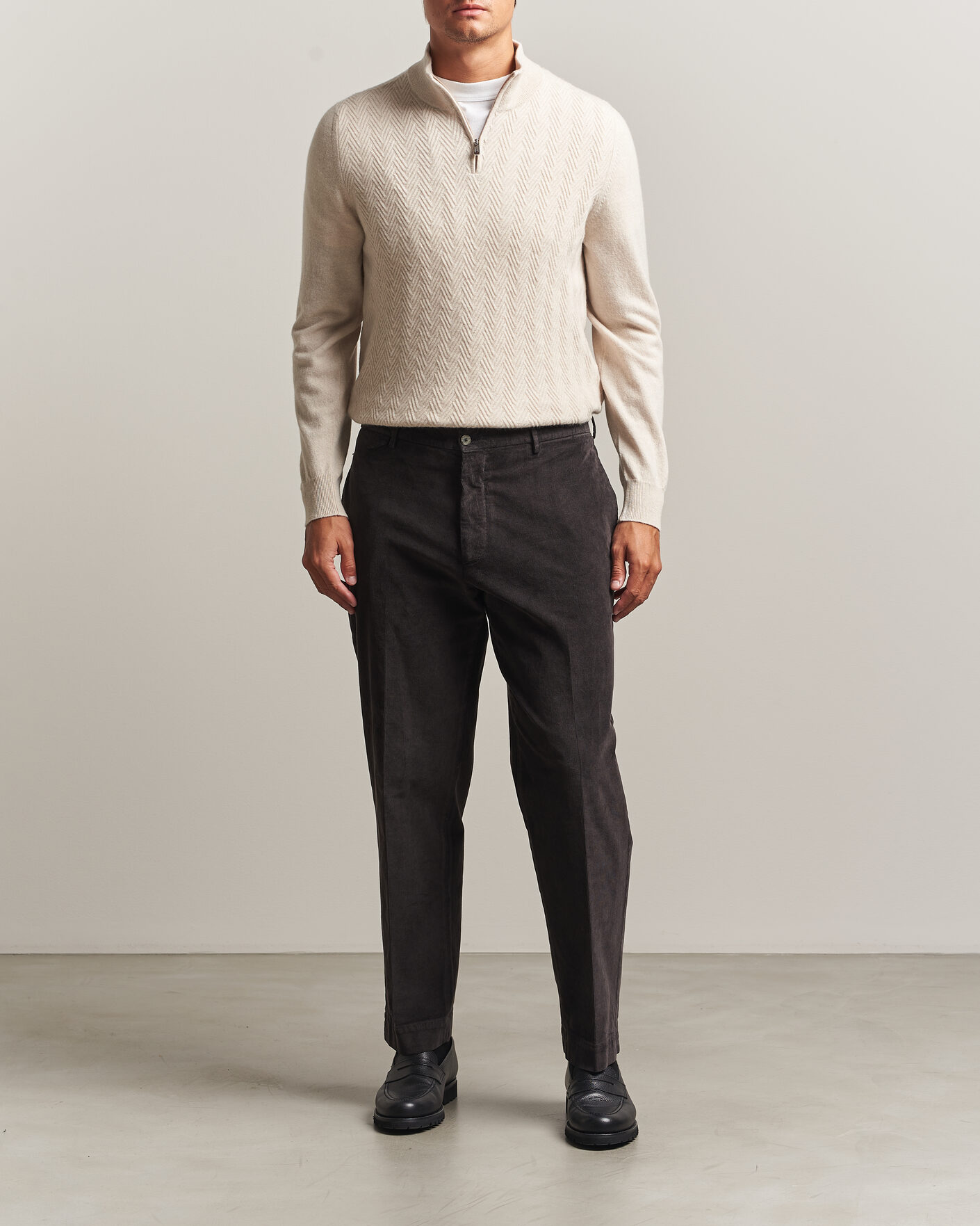 Heren | Truien | Fedeli | Wool/Cashmere Chevron Half Zip Light Beige