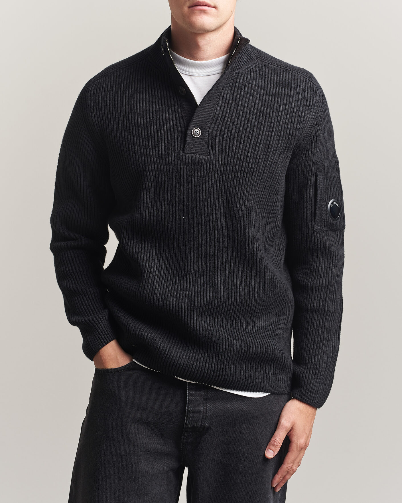 Homme | Pulls Et Tricots | C.P. Company | Full Rib Knitted Cotton Half Button Black