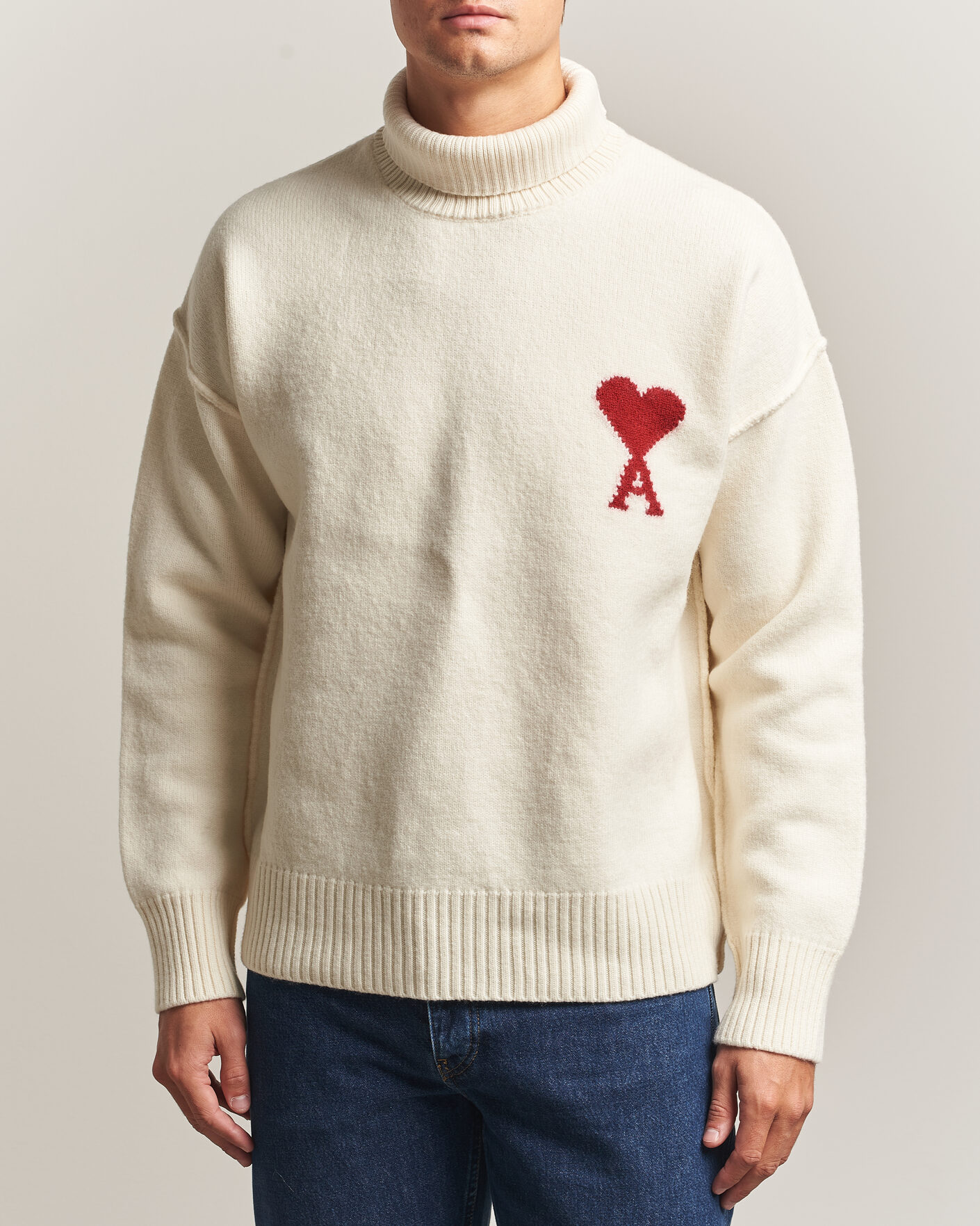 Heren | Truien | AMI | Big Heart Logo Wool Knitted Polo Ecru