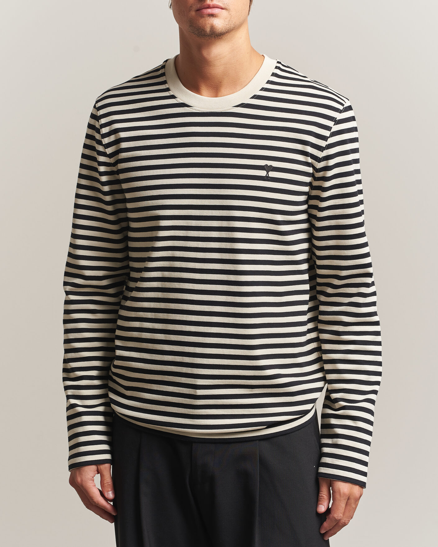 Homme | T-shirts | AMI | Black Heart Logo Striped Long Sleeve T-Shirt Black/Ivory