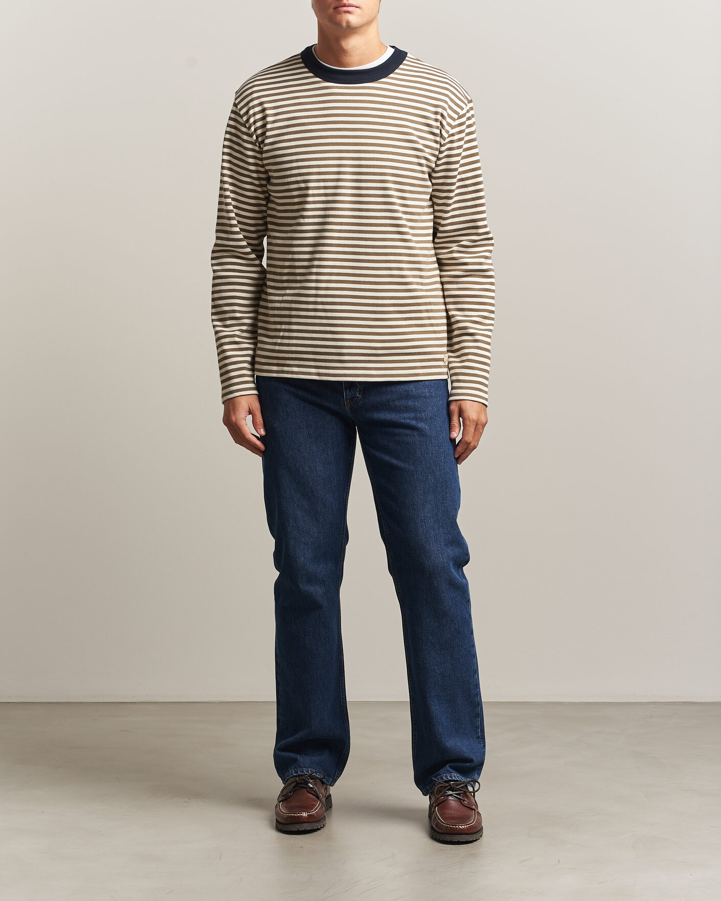 Homme | T-shirts | Armor-lux | Héritage Striped Long Sleeve T-Shirt Olive/Milk