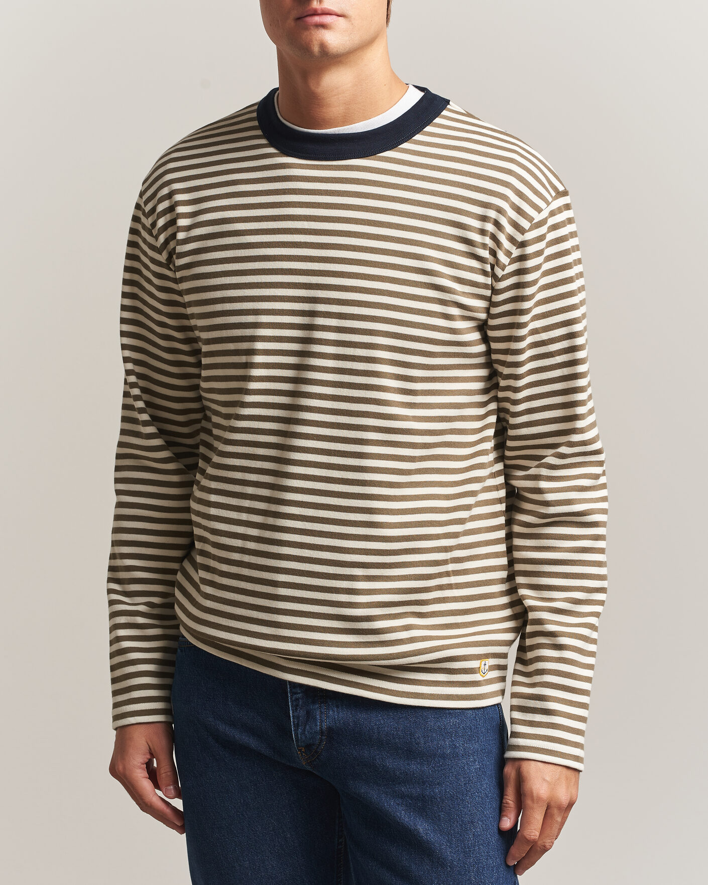 Homme | T-shirts | Armor-lux | Héritage Striped Long Sleeve T-Shirt Olive/Milk