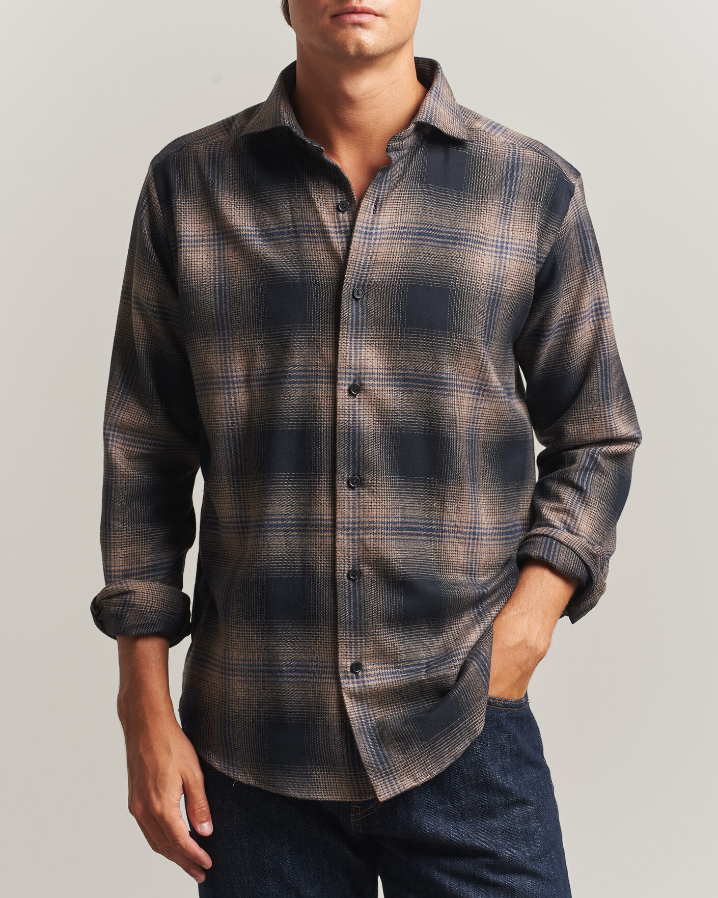 Homme | Chemises | Eton | Casual Fit Checked Flannel Shirt Navy Blue