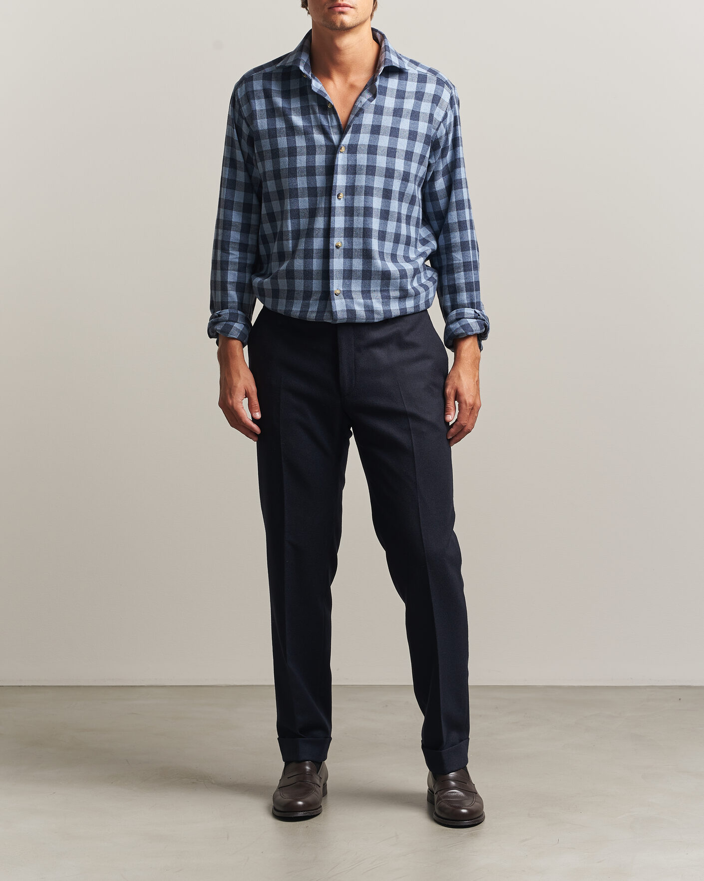 Homme | Chemises | Eton | Casual Fit Checked Flannel Shirt Mid Blue