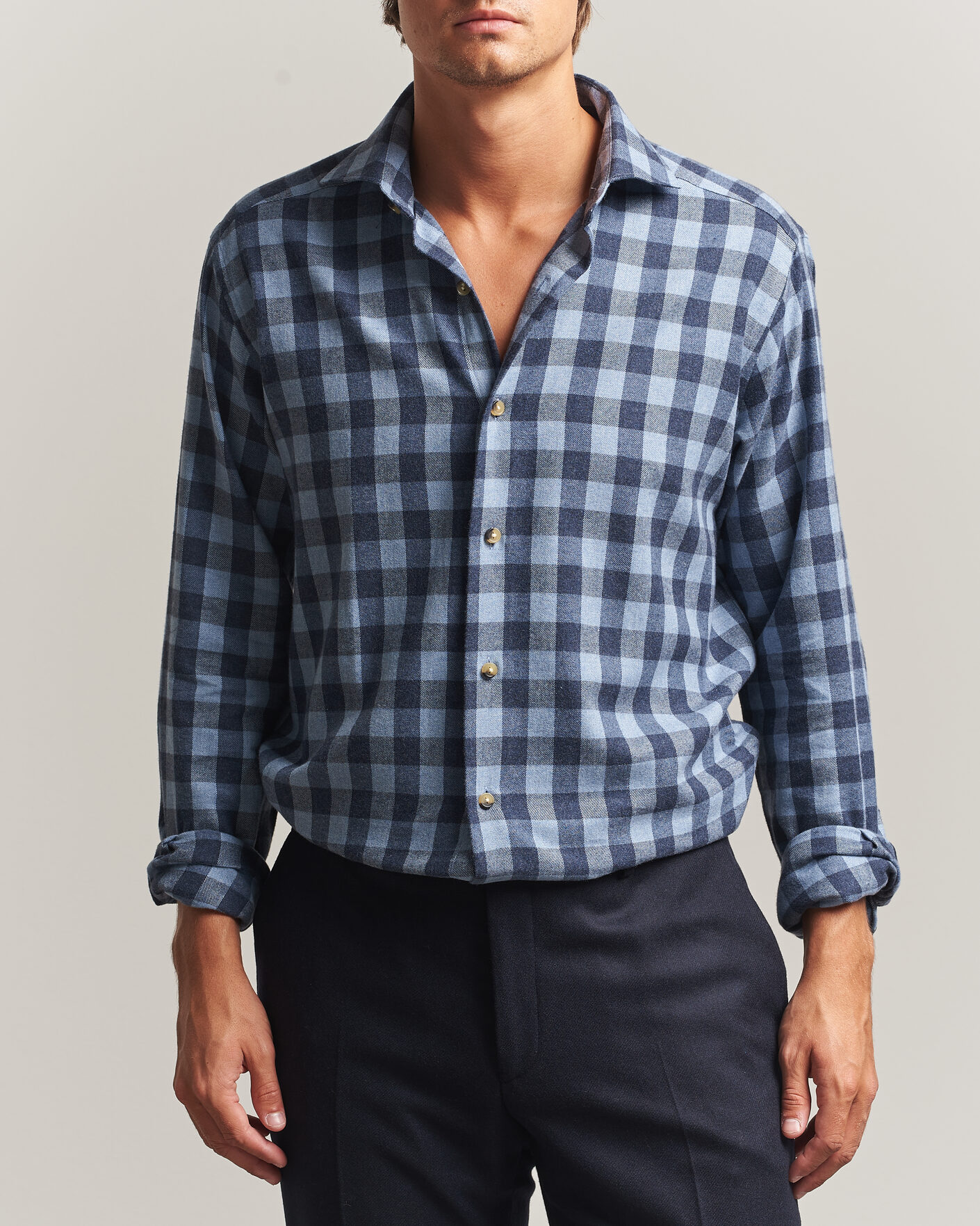 Homme | Chemises | Eton | Casual Fit Checked Flannel Shirt Mid Blue