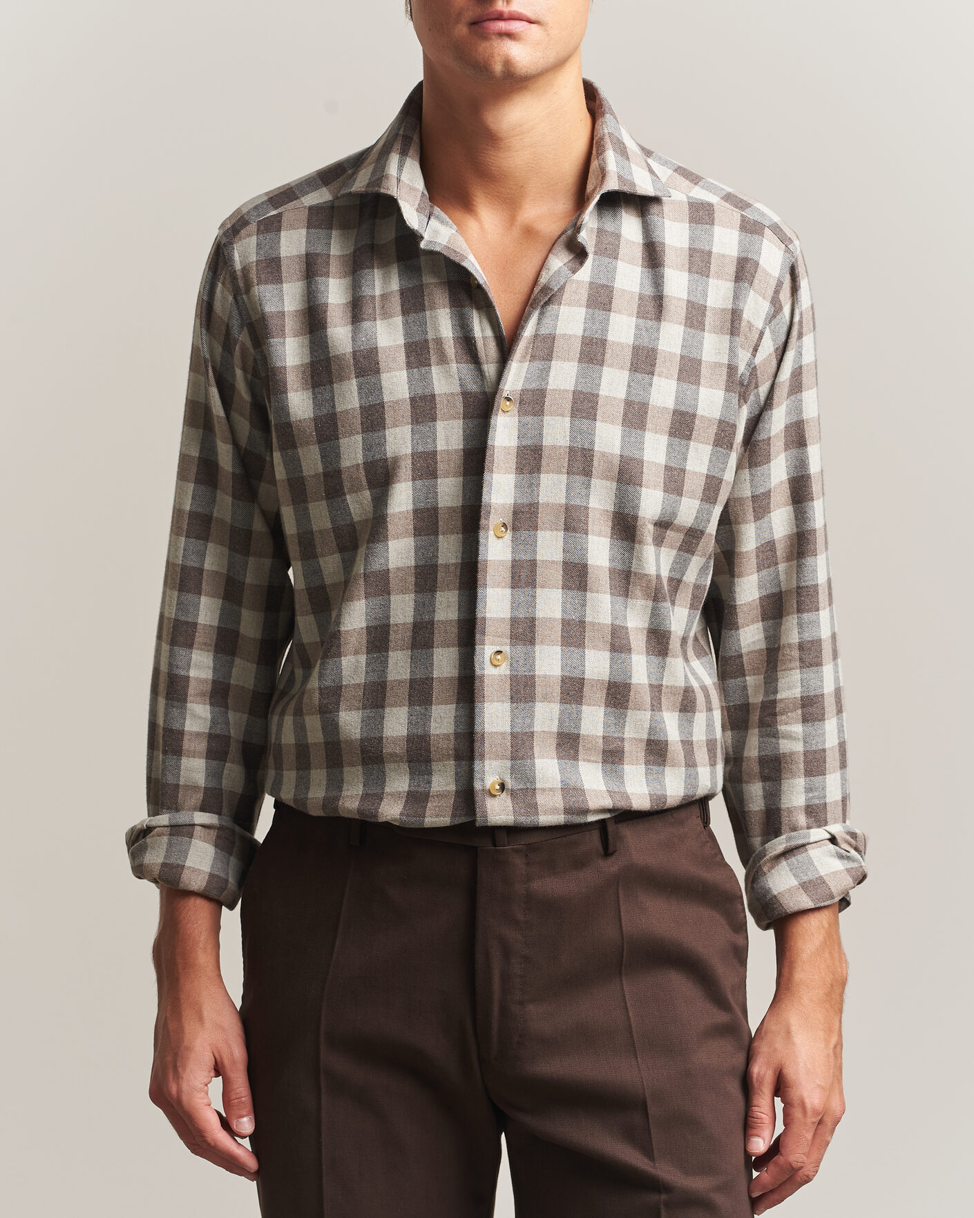 Heren | Overhemden | Eton | Casual Fit Checked Flannel Shirt Beige