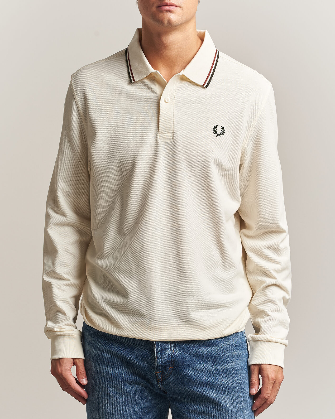 Homme | Polos | Fred Perry | Twin Tipped Long Sleeve Polo Shirt Ecru