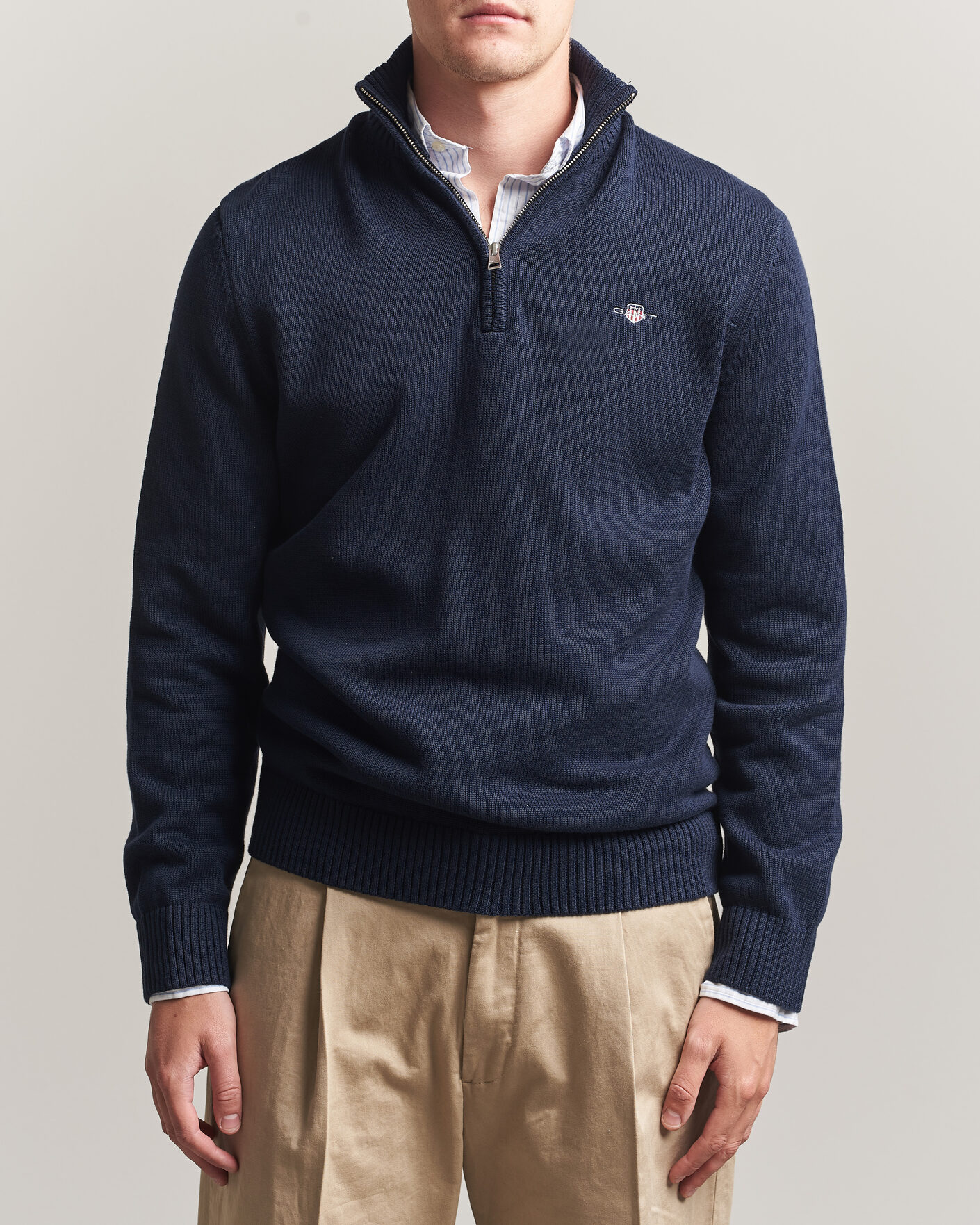 Homme | Pulls Et Tricots | Gant | Casual Cotton Knitted Half Zip Evening Blue