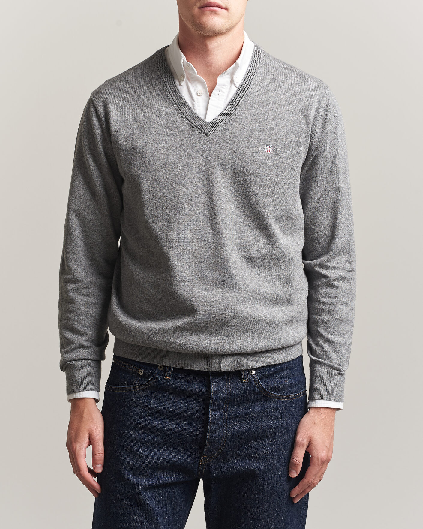 Heren | Truien | Gant | Classic Cotton V-Neck Dark Grey Melange