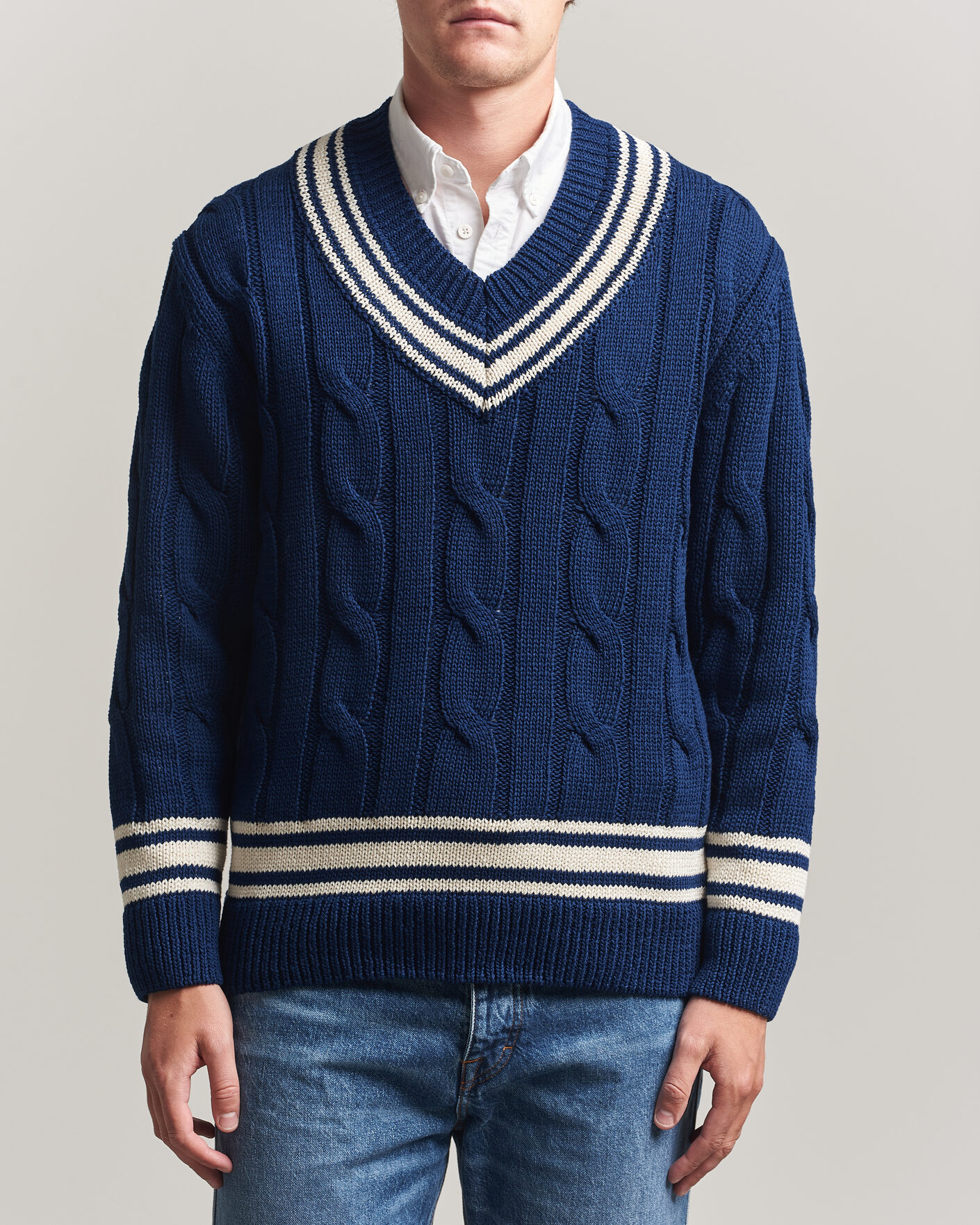 Heren | Truien | Gant | Mercerized Cotton Knitted Cable V-Neck Persian Blue