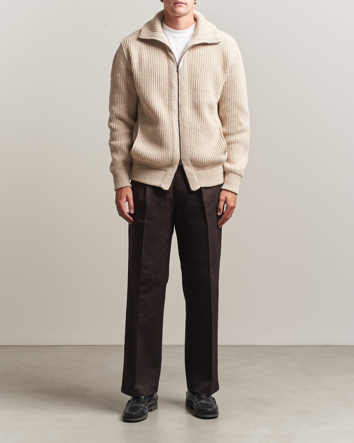 Heren | Truien | Altea | Rib Wool Bomber Cardigan Beige