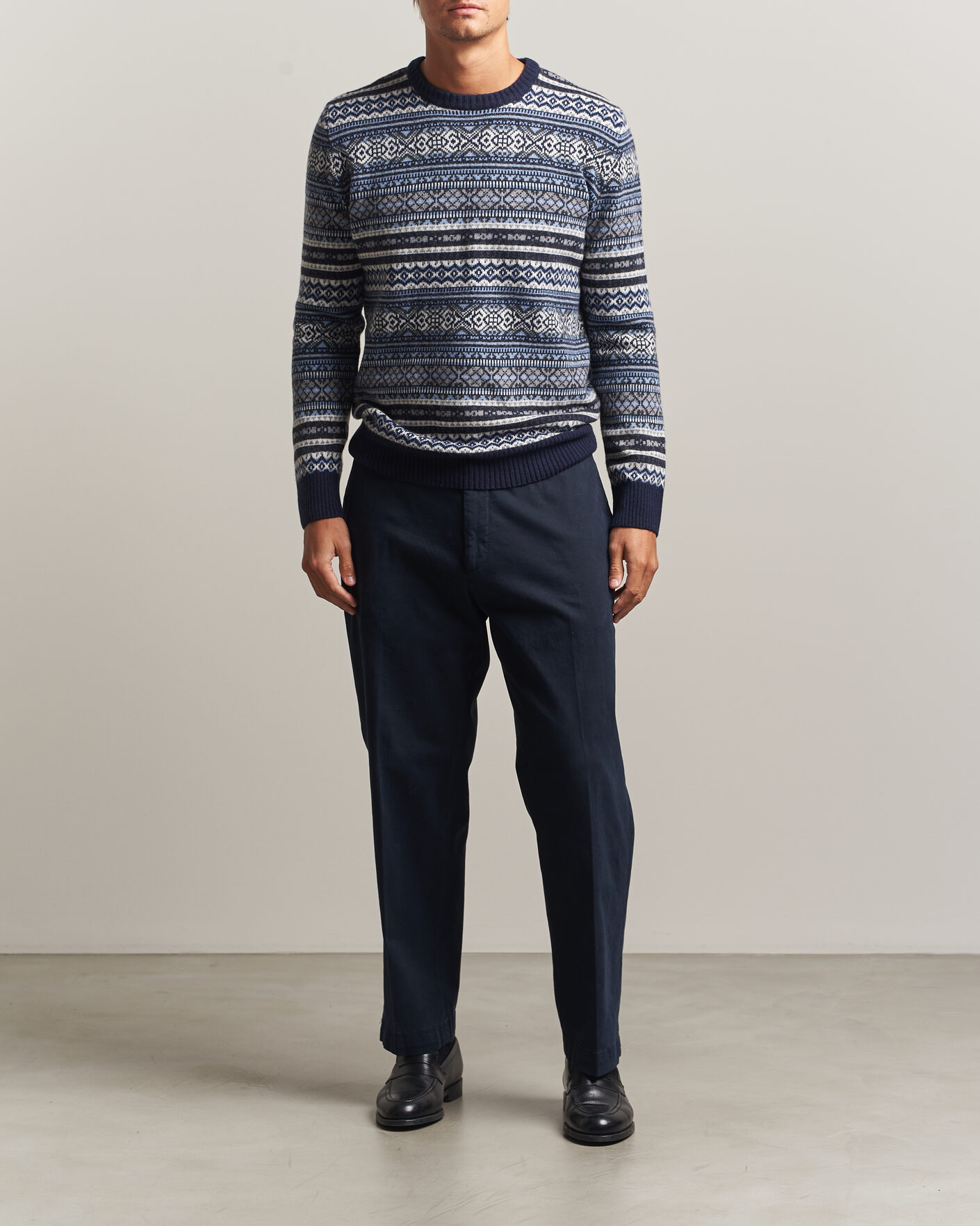 Homme | Pulls Et Tricots | Morgano | Wool/Cashmere Fair Isle Knitted Crewneck Navy