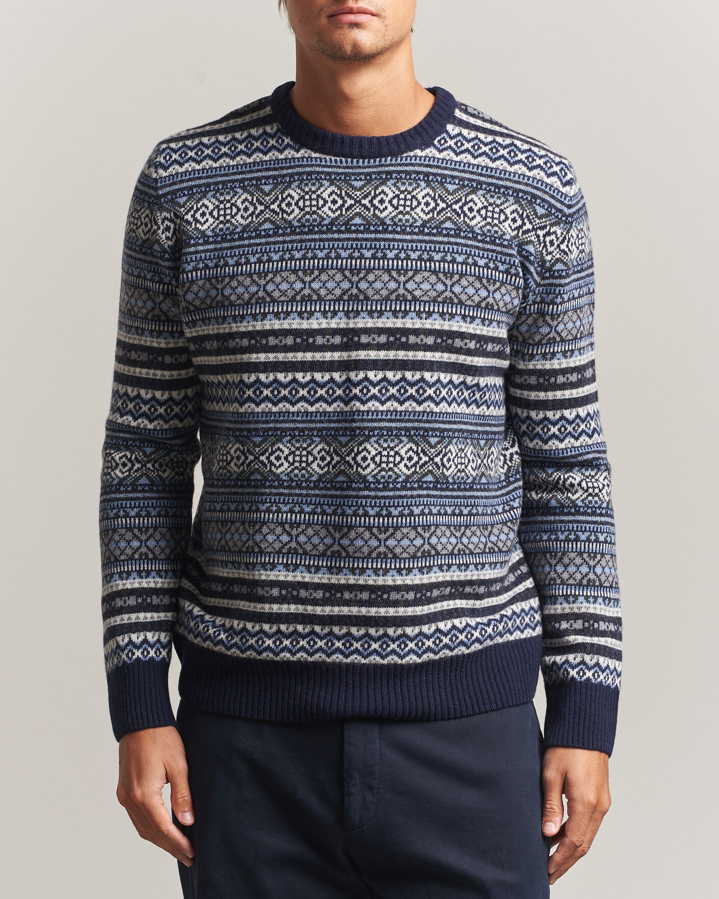 Homme | Pulls Et Tricots | Morgano | Wool/Cashmere Fair Isle Knitted Crewneck Navy